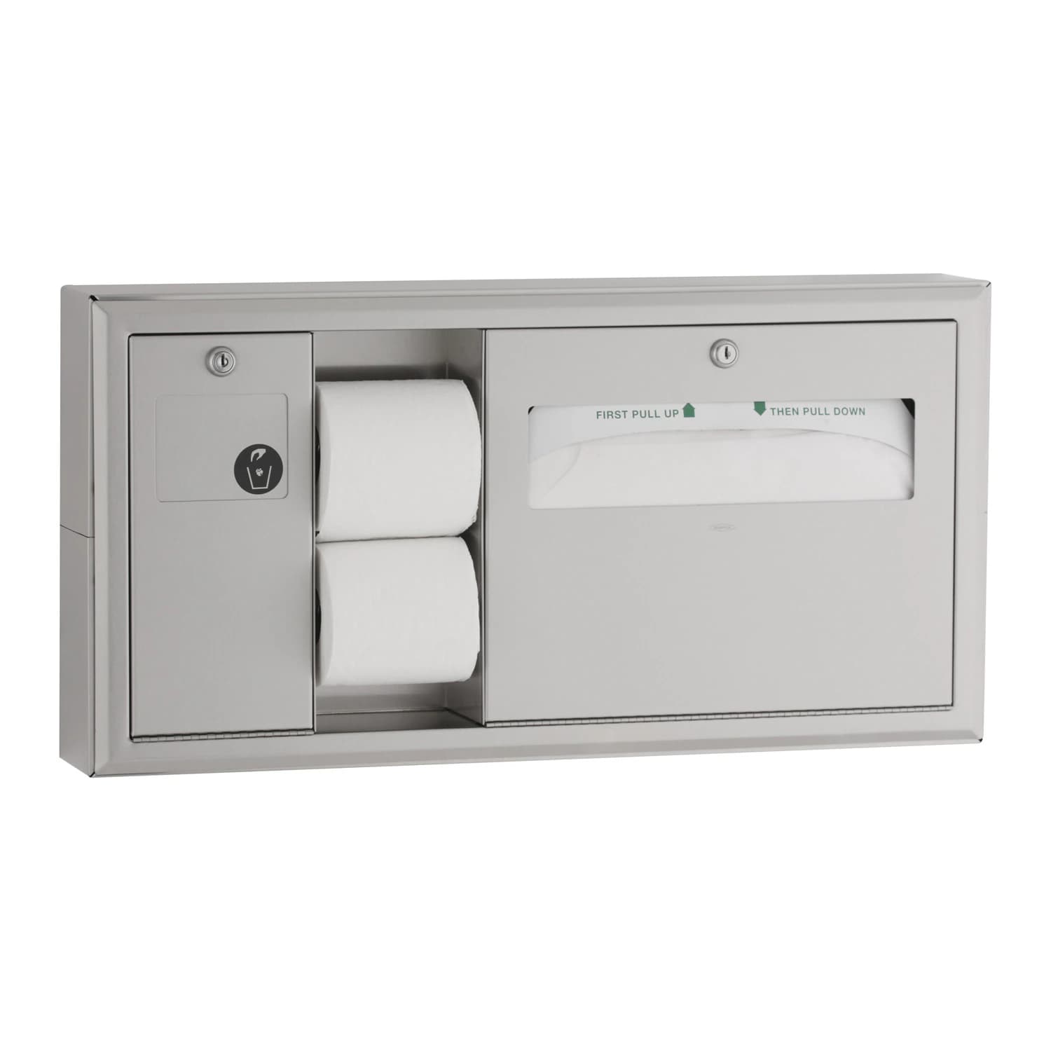 Bobrick Toilet Tissue and Seat Cover Dispenser, Satin Finish Stainless Steel, Surface Mount, 19 in x 18 in x 15 in - Dispenser Tissue/Cover/Waste - Image 1