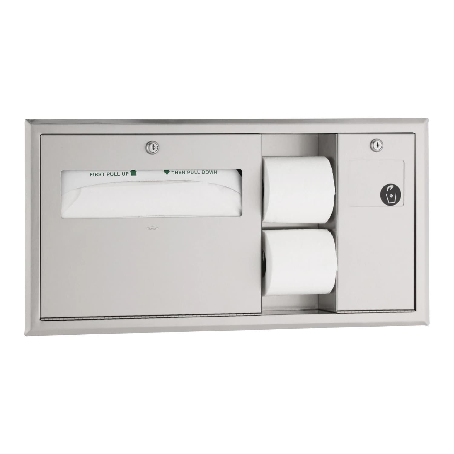Bobrick Toilet Tissue and Seat Cover Dispenser, Satin Finish Stainless Steel, Recessed, Key Lock, 4x28x14" - Dispenser TissueRight/Seat Cvr - Image 1
