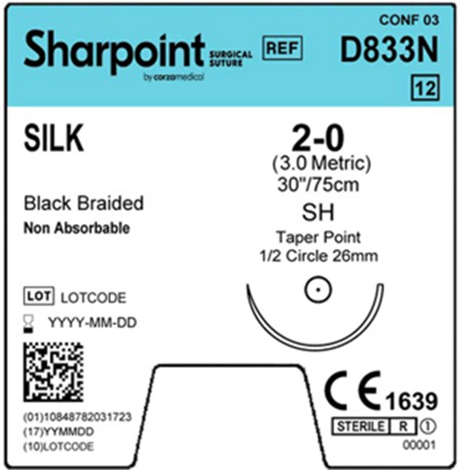 Sharpoint Suture Silk 2-0 Black, 75cm, Non-Absorbable, SH, 12/Box - Suture Silk 2-0 Black SH - Image 1
