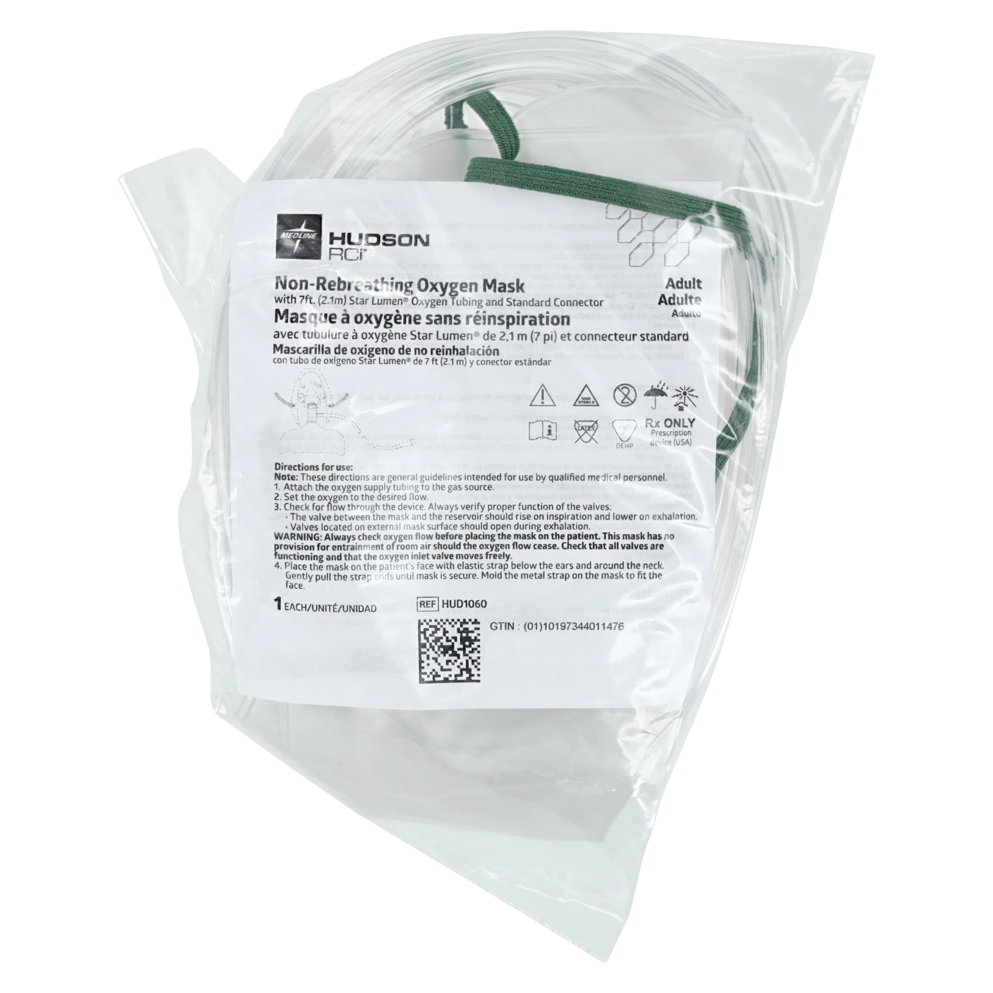 Medline Non-Rebreathing Oxygen Mask, Adult, with 7 ft Tubing, Each thumbnail 2