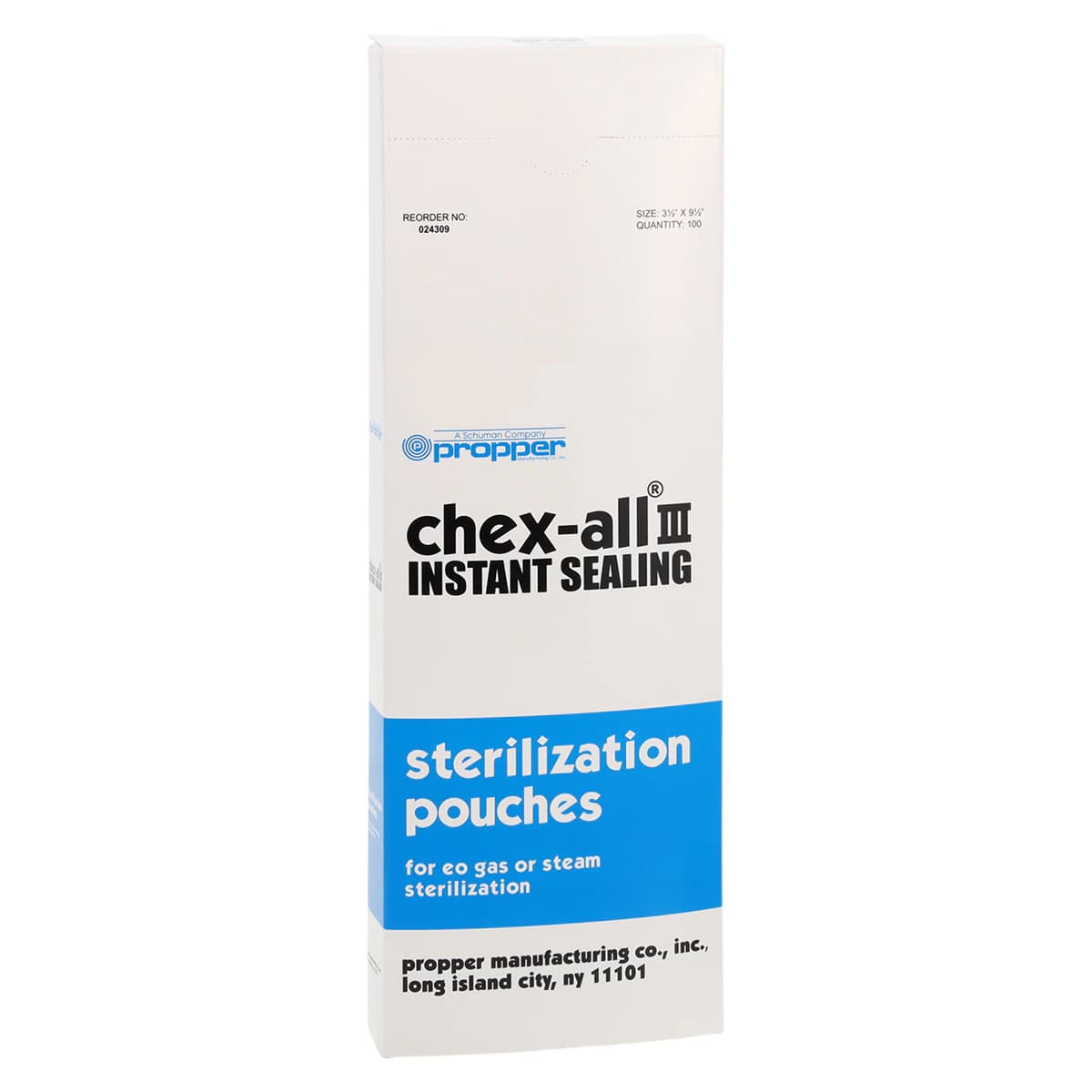 Propper Chex-All II Self-Sealing Sterilization Pouches, 3.5" x 9.5", Steam/EO, 100/Box, 02430900 - Pouches, 3 1/2" x 9 1/2", 100/Box, 02430900 - Image 1