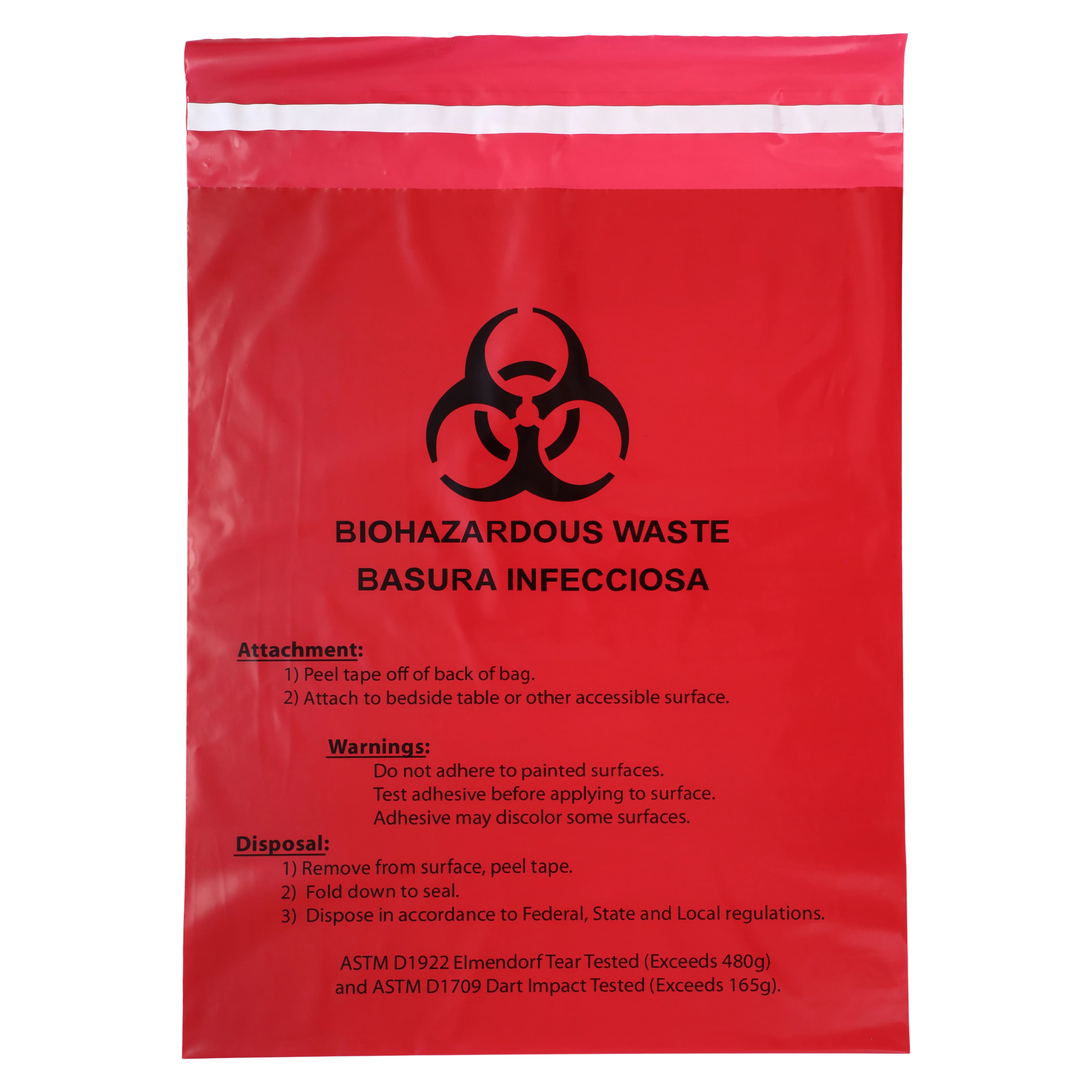 Unimed Biohazard Waste Stick-On Bag, 12" x 14", 2.6 Qt, Red, 100/Box, MRWB142324 - Biohazard Waste Stick-On Bag 12X14 Box of 100 - Image 1