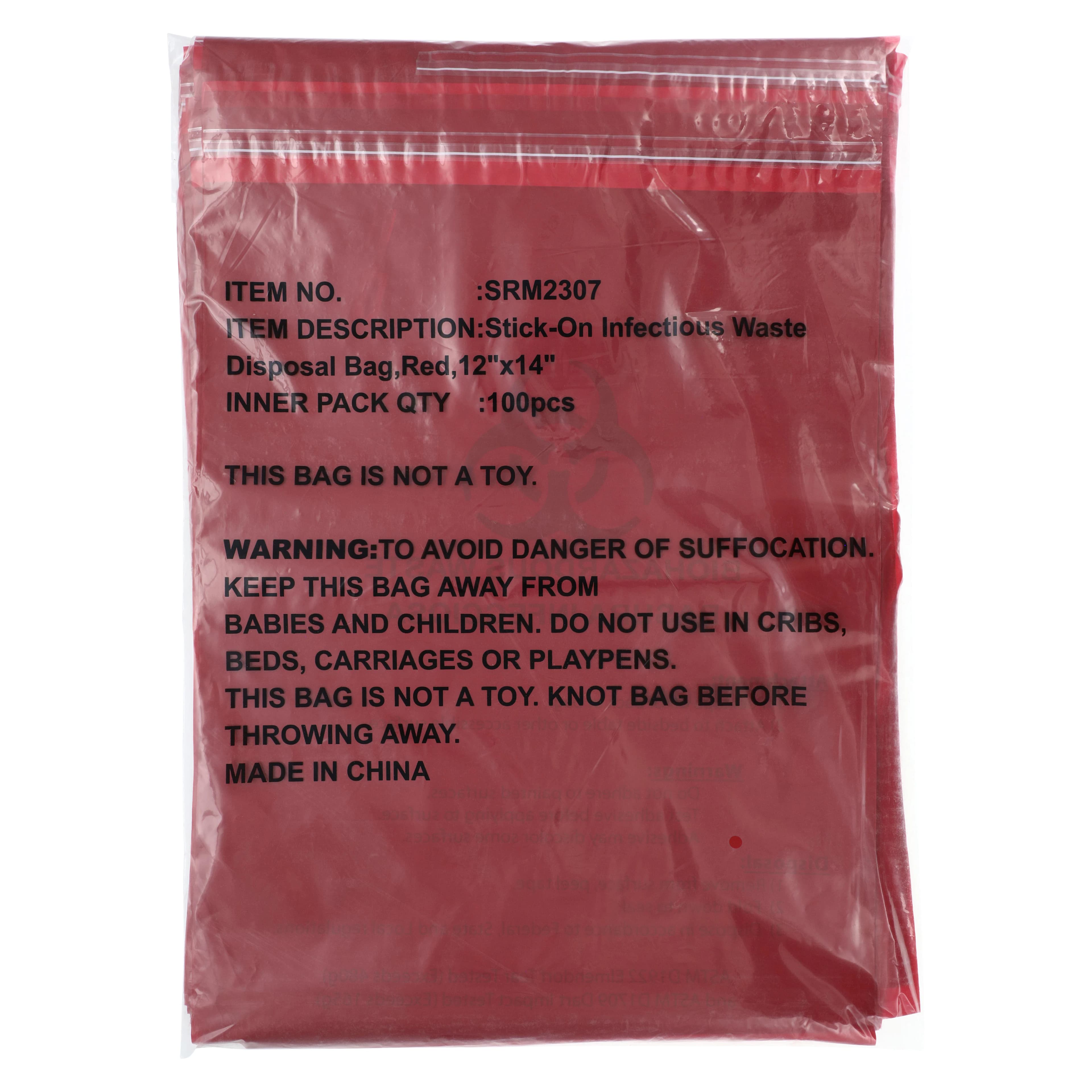 Unimed Biohazard Waste Stick-On Bag, 12" x 14", 2.6 Qt, Red, 100/Box, MRWB142324 thumbnail 3