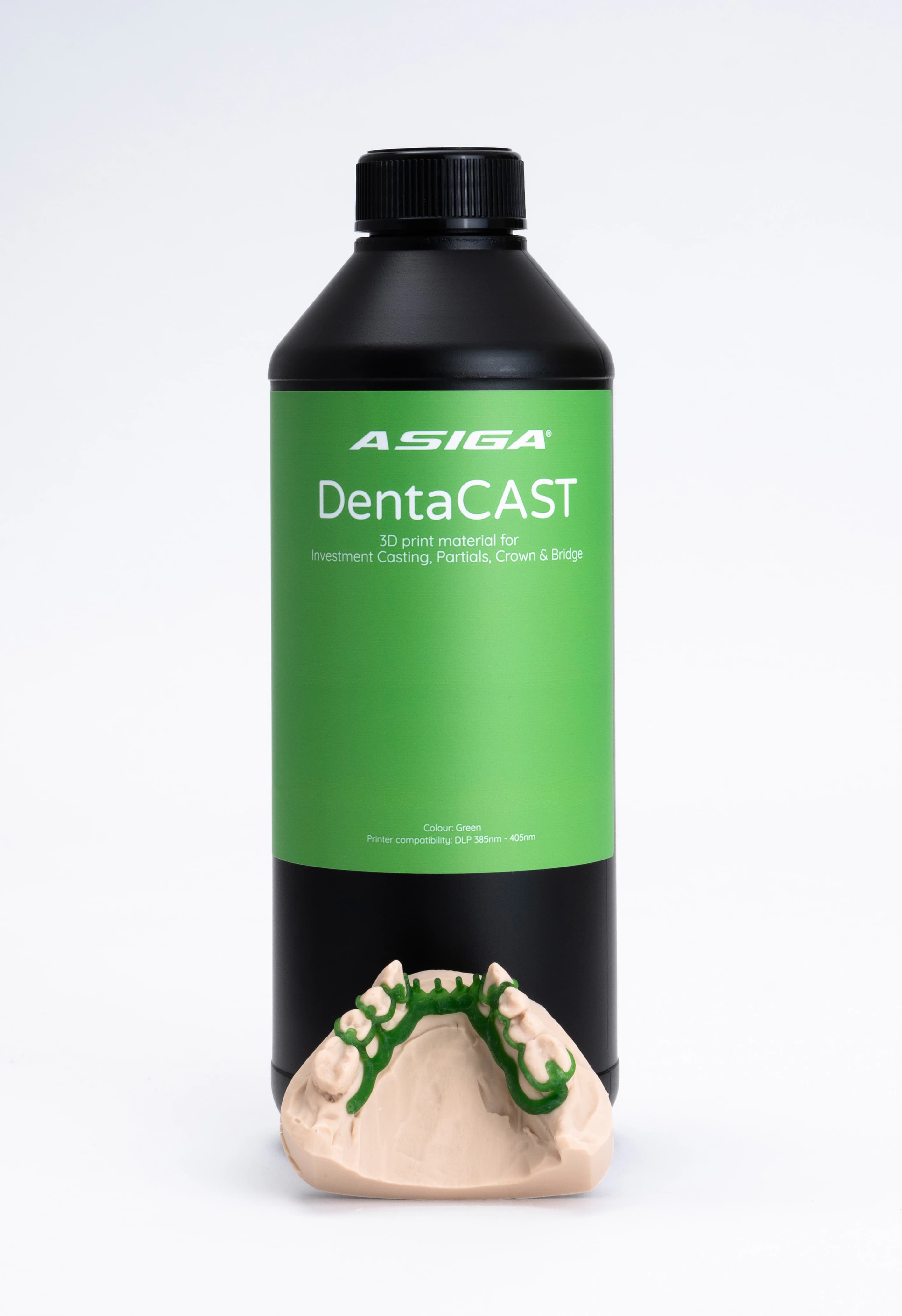 Asiga DentaCAST 3D Print Resin, Crown Green, Ash-Free Direct Casting Material, 1 kg Bottle - DentaCAST - Image 1