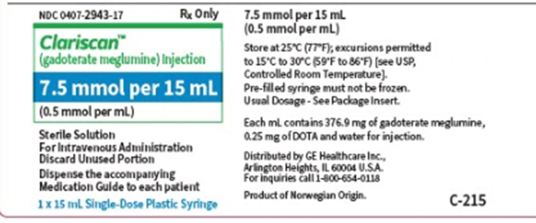 Clariscan Injection 0.5mmol/mL Prefilled Syringe, 15mL, 10/Package - Clariscan 15mL PFS - Image 1