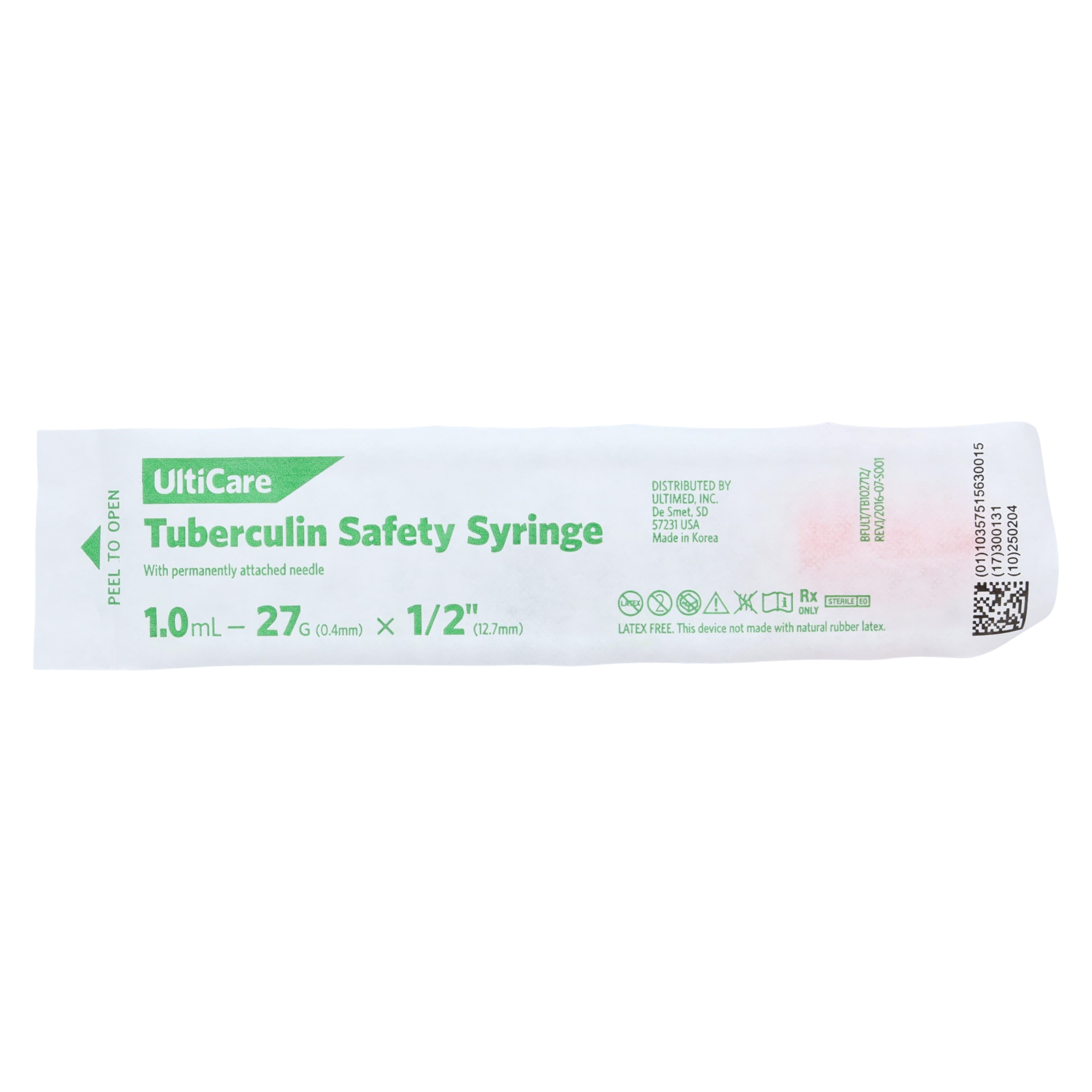 UltiCare Tuberculin Syringe/Needle, 1mL, 27G x 1/2", Fixed Permanently Attached Needle, Safety, Sterile, Latex-Free, 100/Box thumbnail 7