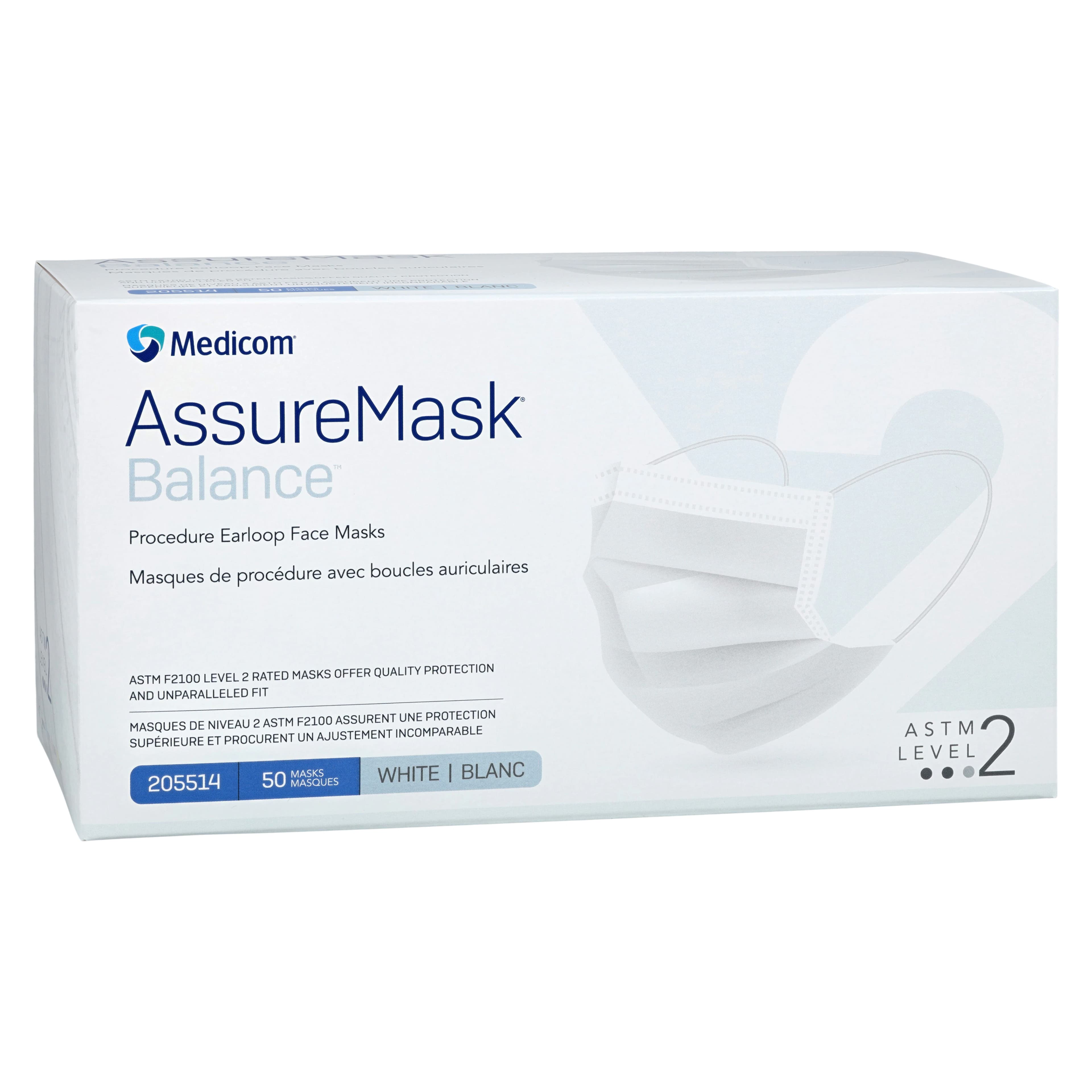AMD Ritmed DYLS Safebasics AssureMask Balance Procedure Masks, ASTM Level 2, Earloops, Adjustable Nose Piece, White, Latex-Free, 50/Box thumbnail 3