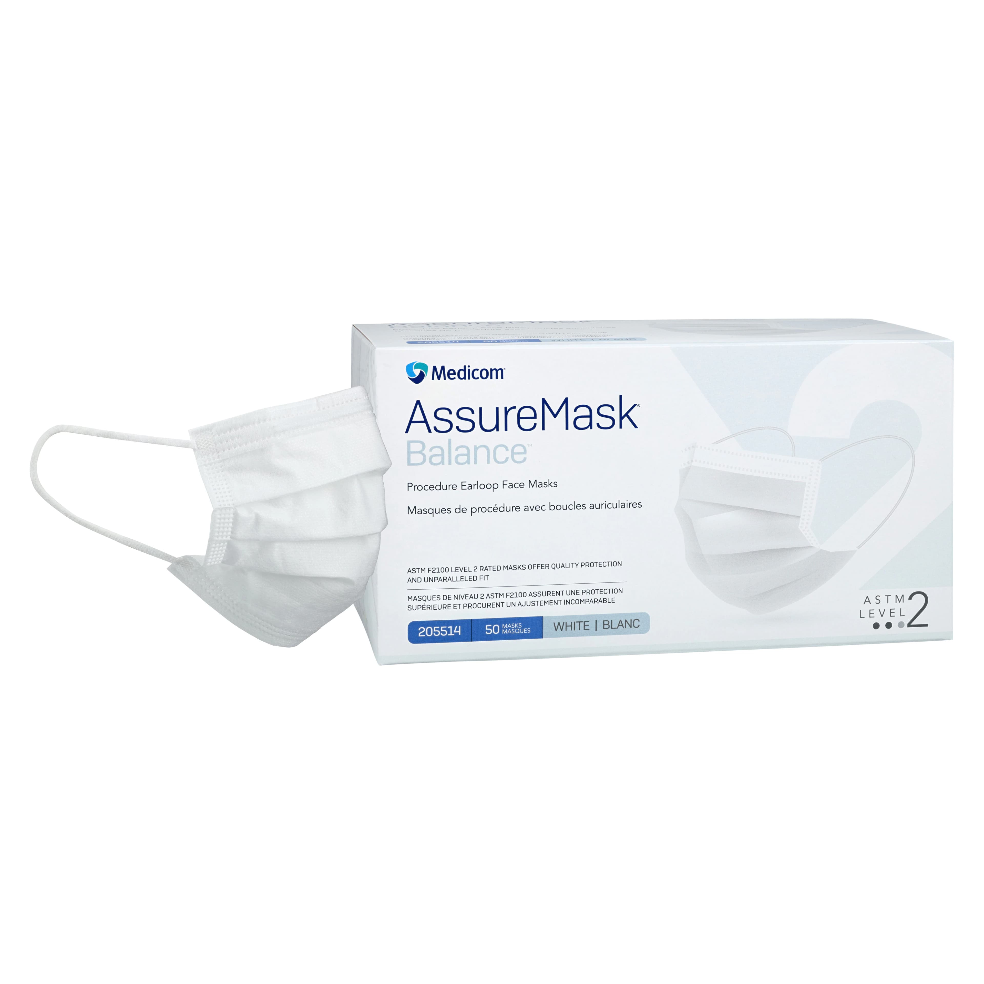 AMD Ritmed DYLS Safebasics AssureMask Balance Procedure Masks, ASTM Level 2, Earloops, Adjustable Nose Piece, White, Latex-Free, 50/Box - DYLS Safebasics Masks - Image 1