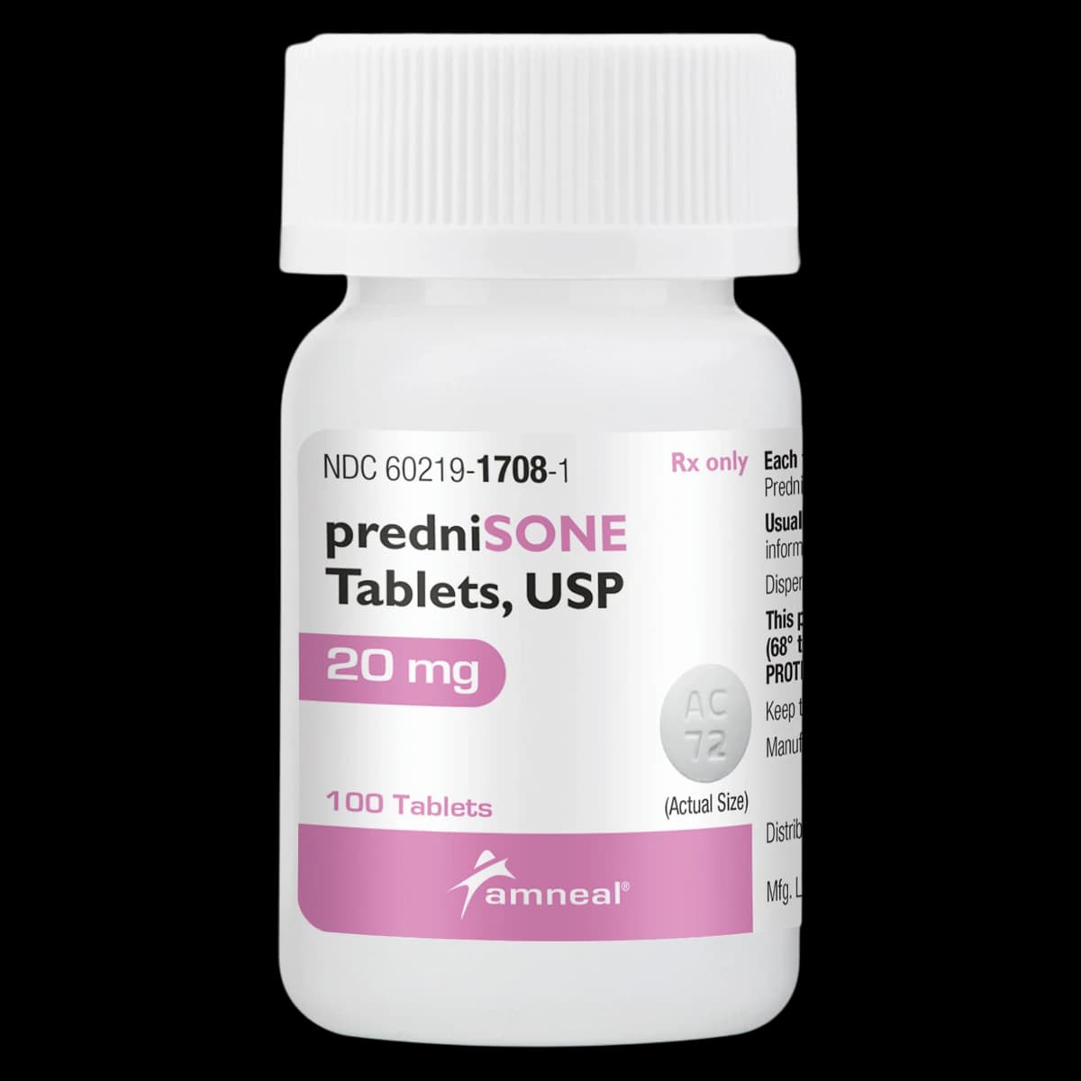 Amneal Prednisone Tablets, 20mg, White, 100/Bottle - Prednisone Tablets White - Image 1
