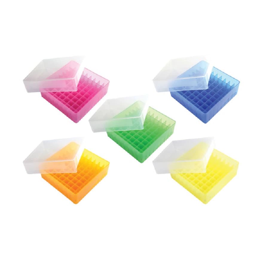 Heathrow Scientific 81-Well Microtube Storage Box, Polypropylene, Assorted Colors, Autoclavable, 5.1 x 5.1 x 1.9 in, 5/Pack - 81Well Tube Storage Box - Image 1