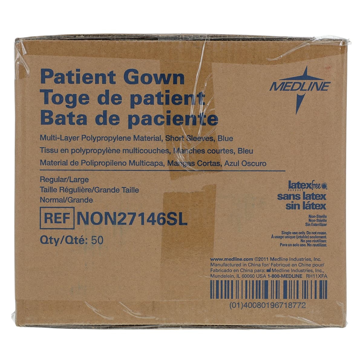 Medline Disposable Patient Gown, Short Sleeves, SMS, Blue, Large, Non-Sterile, Latex-Free, 50/Case thumbnail 3