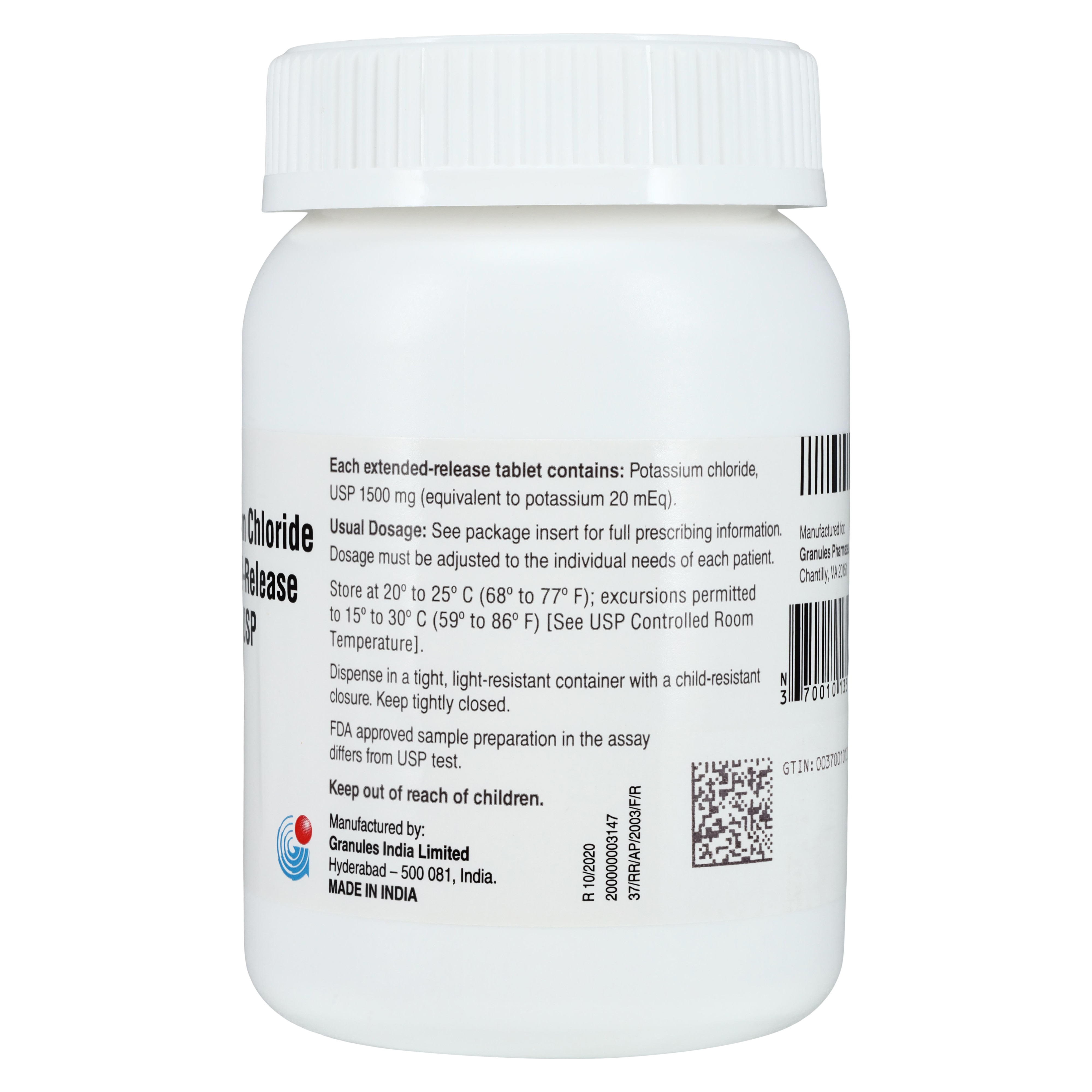Potassium Chloride ER Tablets, 20mEq, 100/Bottle thumbnail 2