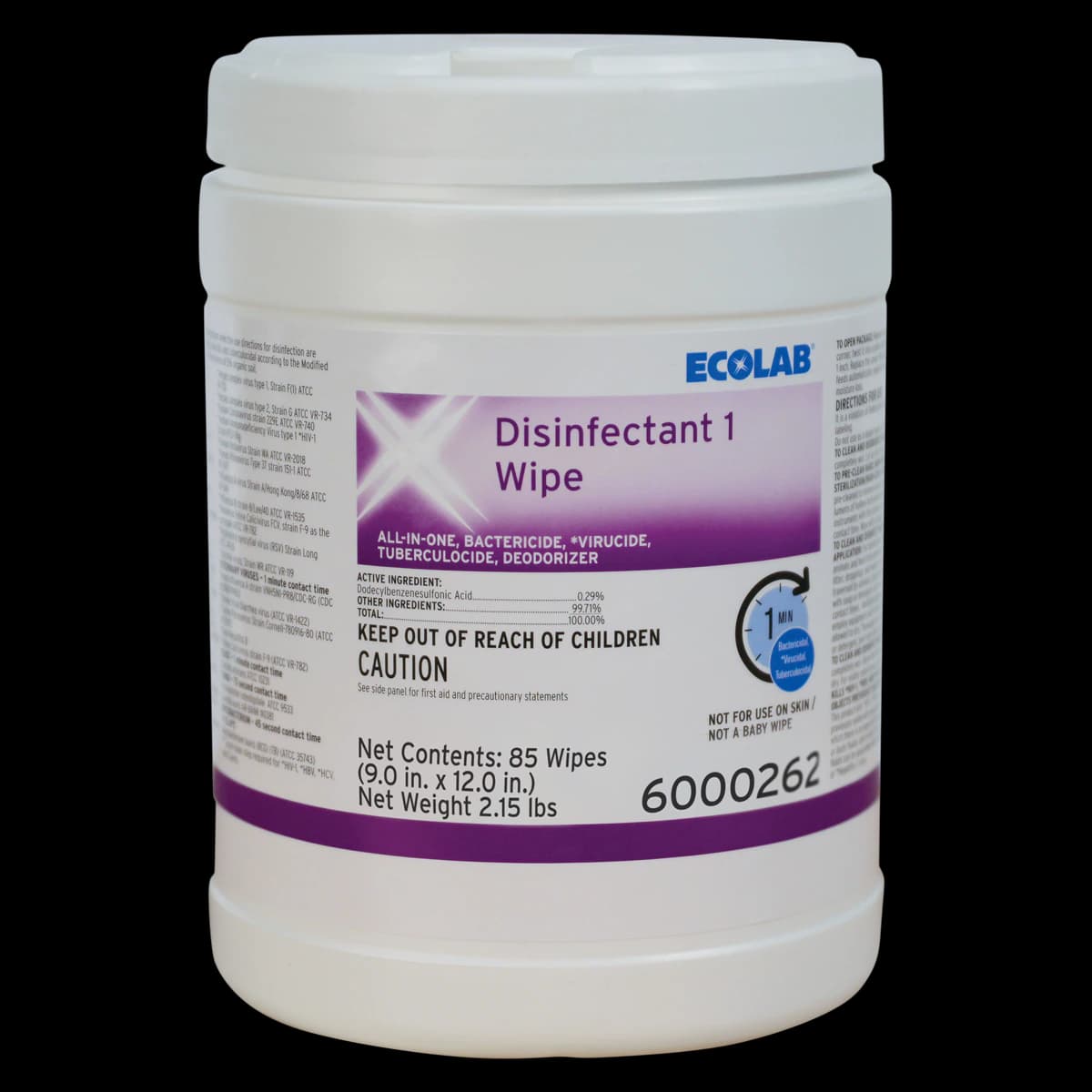 Ecolab Disinfectant 1 Disinfectant Wipes, XL Size, 9x12", 85 Wipes/Canister, 12 Canisters/Case - Disinfectant 1 Wipe - XL Size, 85/Pkg - Image 1