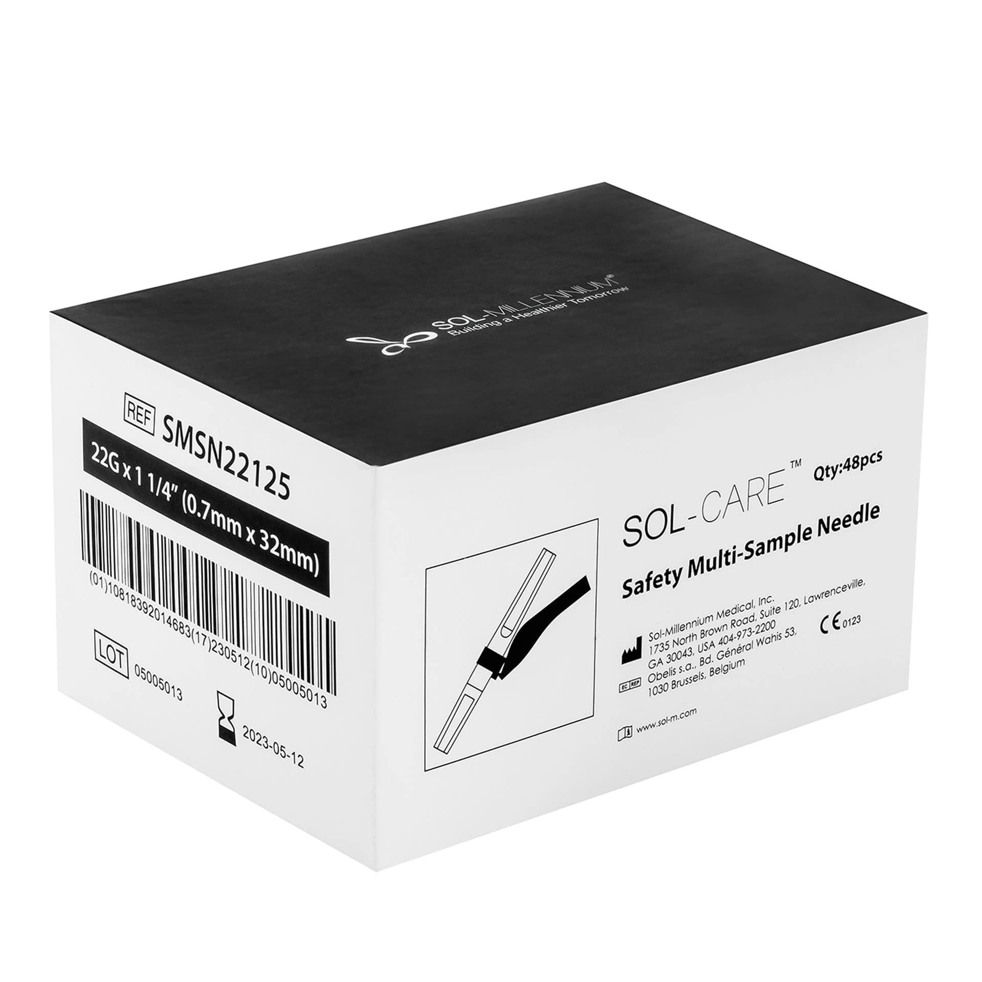 Sol-Millennium Safety Multi-Sample Needle, 22G x 1-1/4", Safety Shield, 48/Box - Safety Multi-Sample Needle - Image 1
