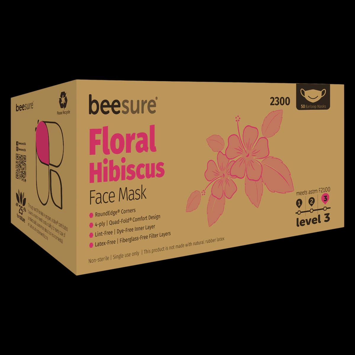 BeeSure Floral Earloop Face Mask, ASTM Level 3, Hibiscus Pink, 50/Box, BE2300 - Beesure Floral Level 3 Face Masks 50/Box - Image 1