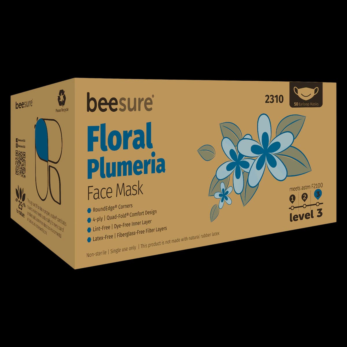 BeeSure Floral Earloop Face Mask, ASTM Level 3, Plumeria Blue, 50/Box, BE2310 thumbnail 3