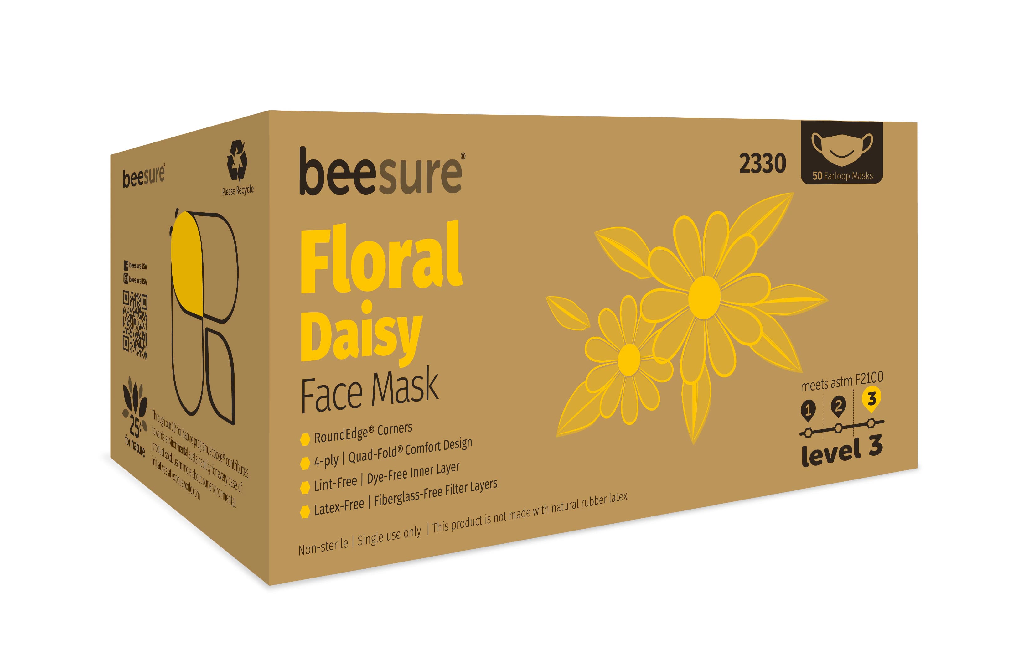 BeeSure Floral Earloop Face Mask, ASTM Level 3, Plumeria Blue, 50/Box, BE2310 thumbnail 4
