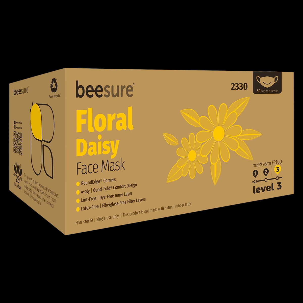 BeeSure Floral Design ASTM Level 3 Earloop Face Mask, Daisy Yellow, 50/Box, BE2330 - Beesure Floral Level 3 Face Masks 50/Box - Image 1