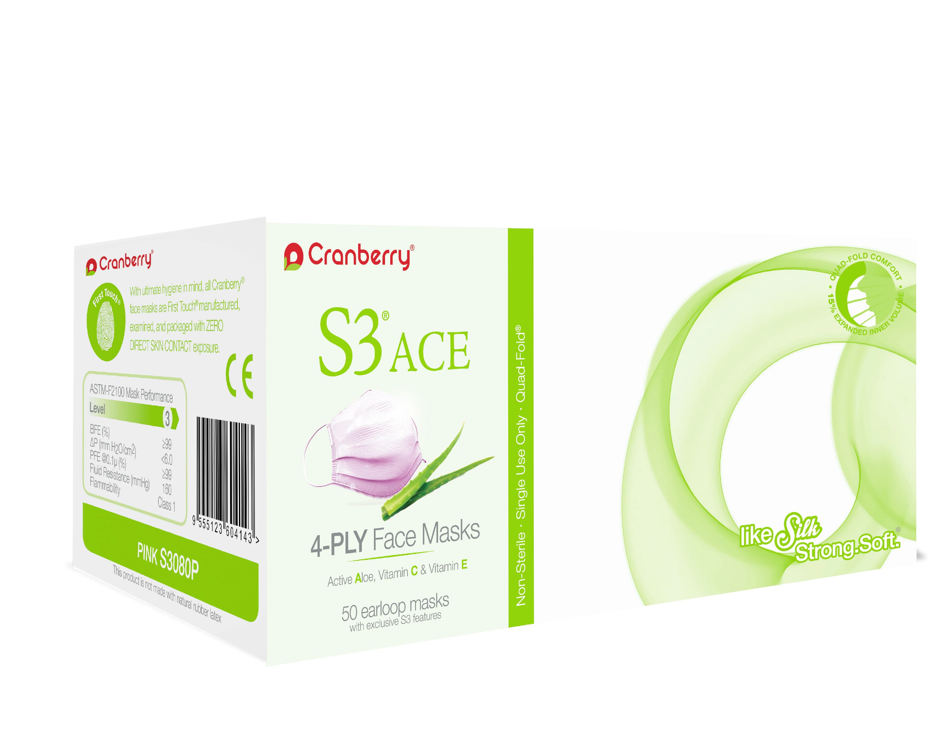 Cranberry S3 ACE Level 3 Earloop Face Mask, Blue, 50/Box, S3080B thumbnail 2