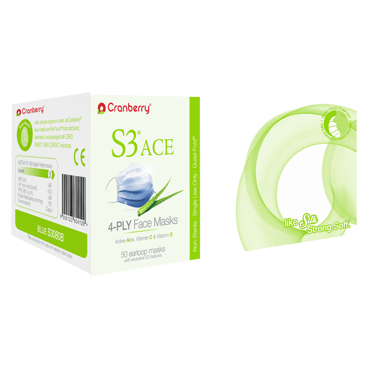 Cranberry S3 ACE Level 3 Earloop Face Mask, Blue, 50/Box, S3080B thumbnail 3