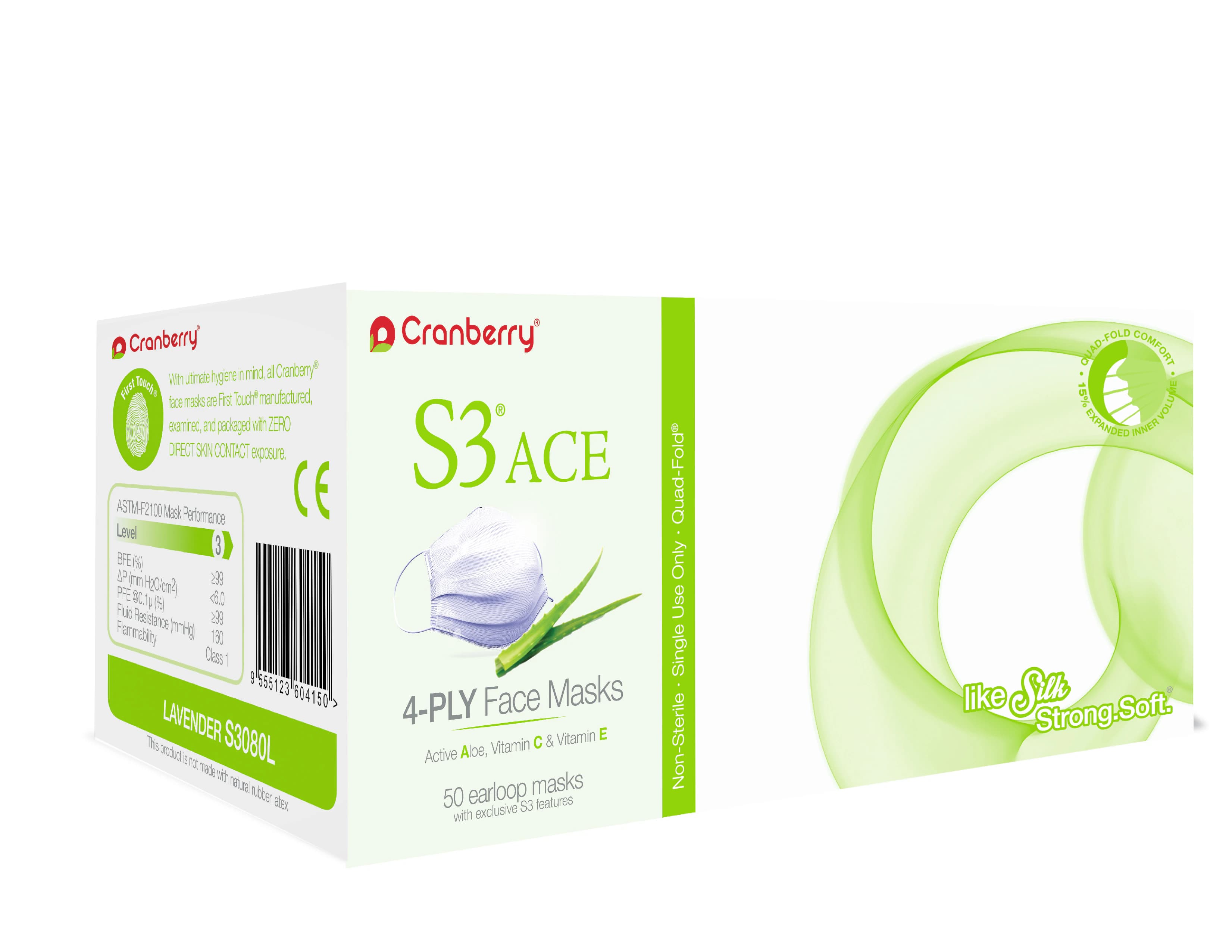 Cranberry S3 ACE Level 3 Earloop Face Mask, Blue, 50/Box, S3080B thumbnail 5