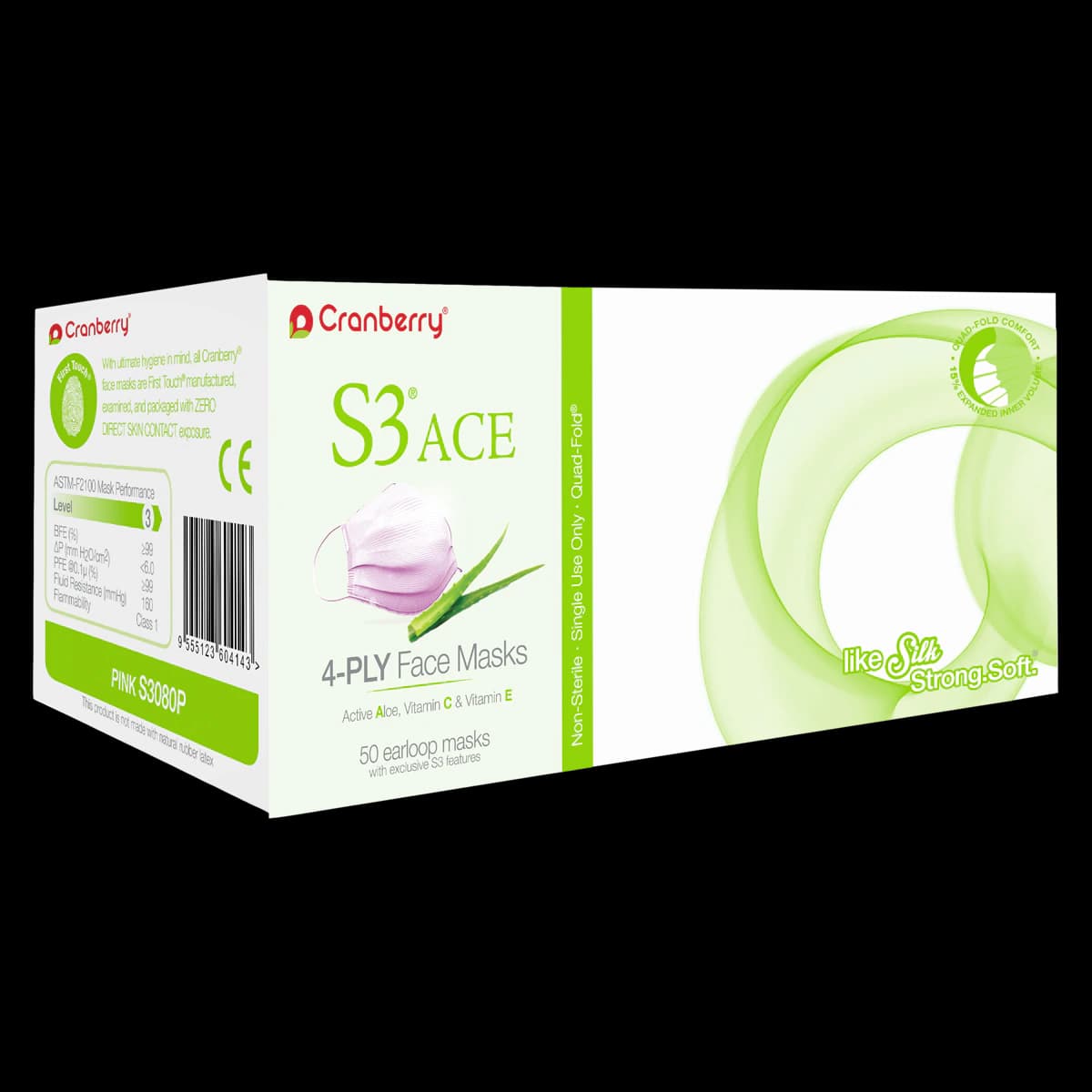 Cranberry S3 ACE Earloop Face Mask, ASTM Level 3, Pink, 50/Box, S3080P thumbnail 2