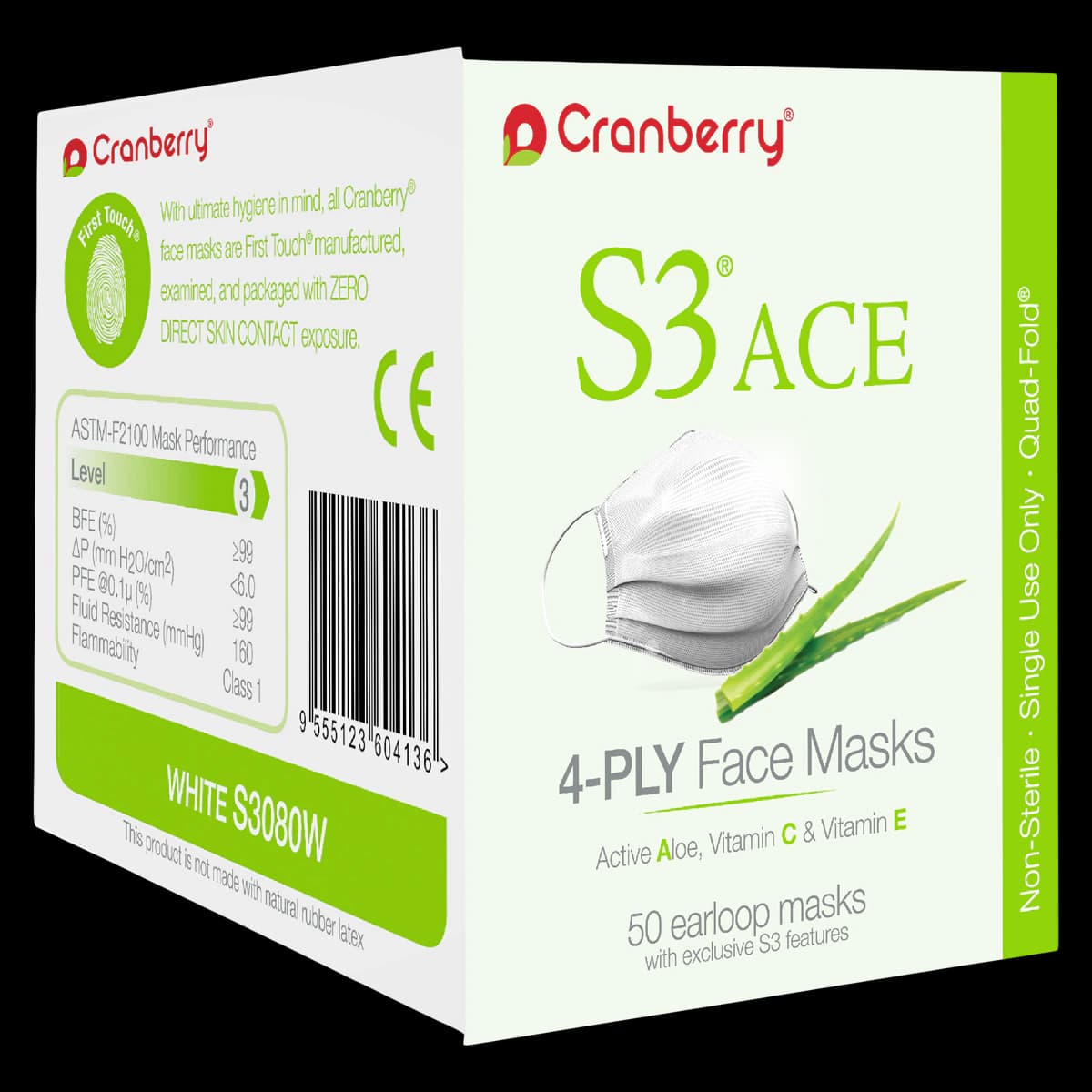 Cranberry S3 ACE Level 3 Earloop Face Mask, White, 50/Box, S3080W thumbnail 2