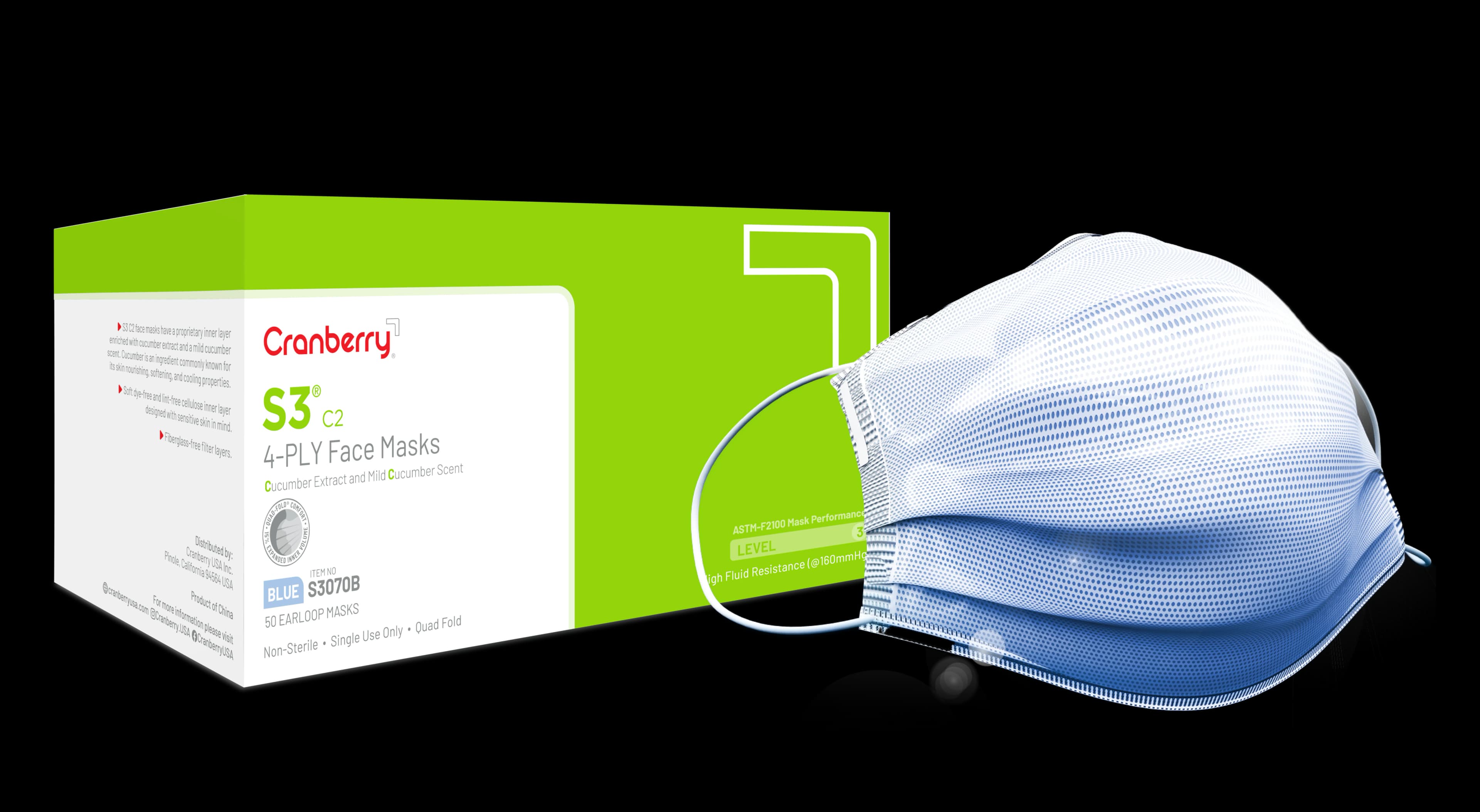 Cranberry S3 C2 Earloop Face Masks, ASTM Level 3, Blue, Cucumber Extract, 50/Box, S3070B thumbnail 2