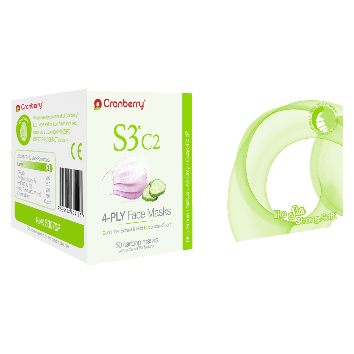 Cranberry S3 C2 Earloop Face Masks, ASTM Level 3, Blue, Cucumber Extract, 50/Box, S3070B thumbnail 3