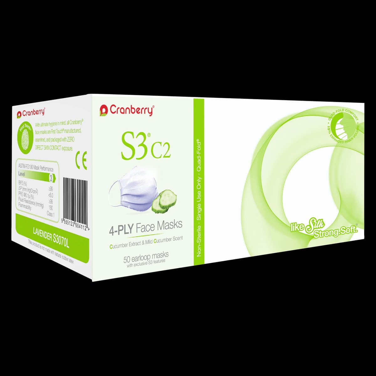 Cranberry S3 C2 Earloop Face Masks, ASTM Level 3, Lavender, Cucumber Extract, 50/Box, S3070L thumbnail 2