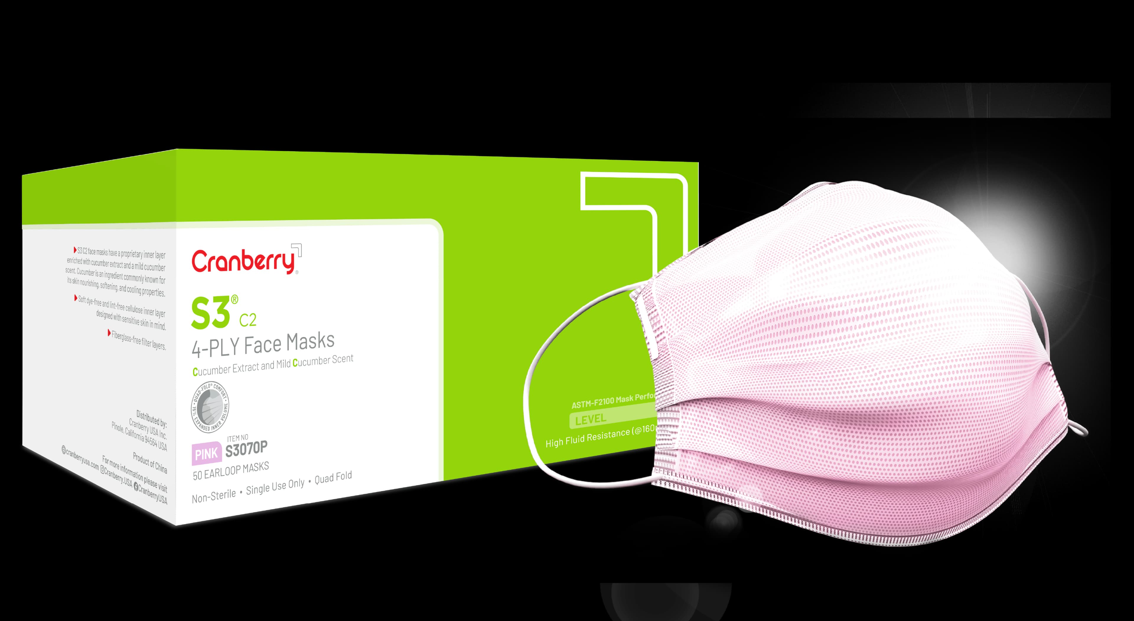 Cranberry S3 C2 Earloop Face Mask, ASTM Level 3, Pink, Cucumber Extract, 50/Box, S3070P thumbnail 2