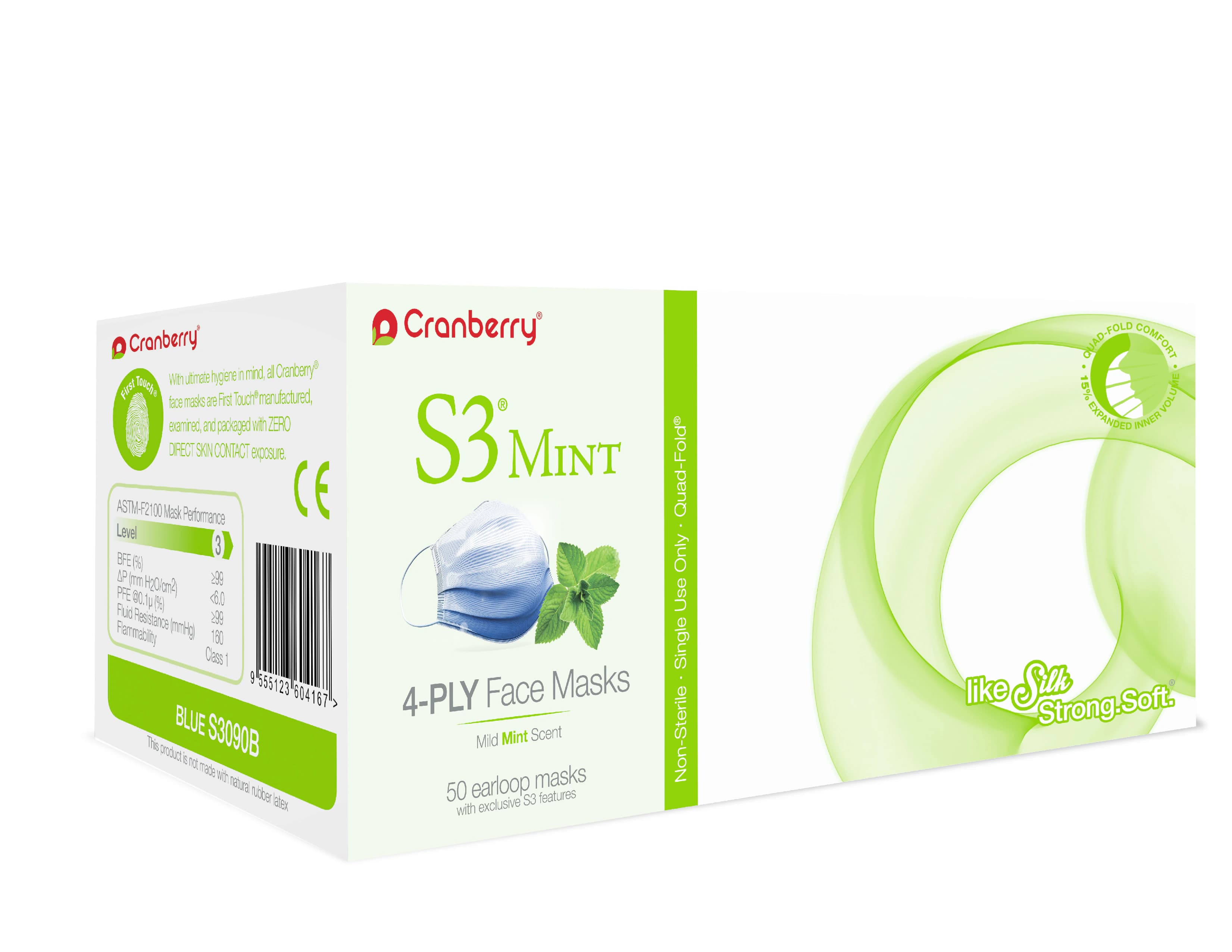 Cranberry S3 Mint Earloop Face Mask, ASTM Level 3, Blue, 50/Box, S3090B - S3 Mint Earloop Face Masks - Image 1