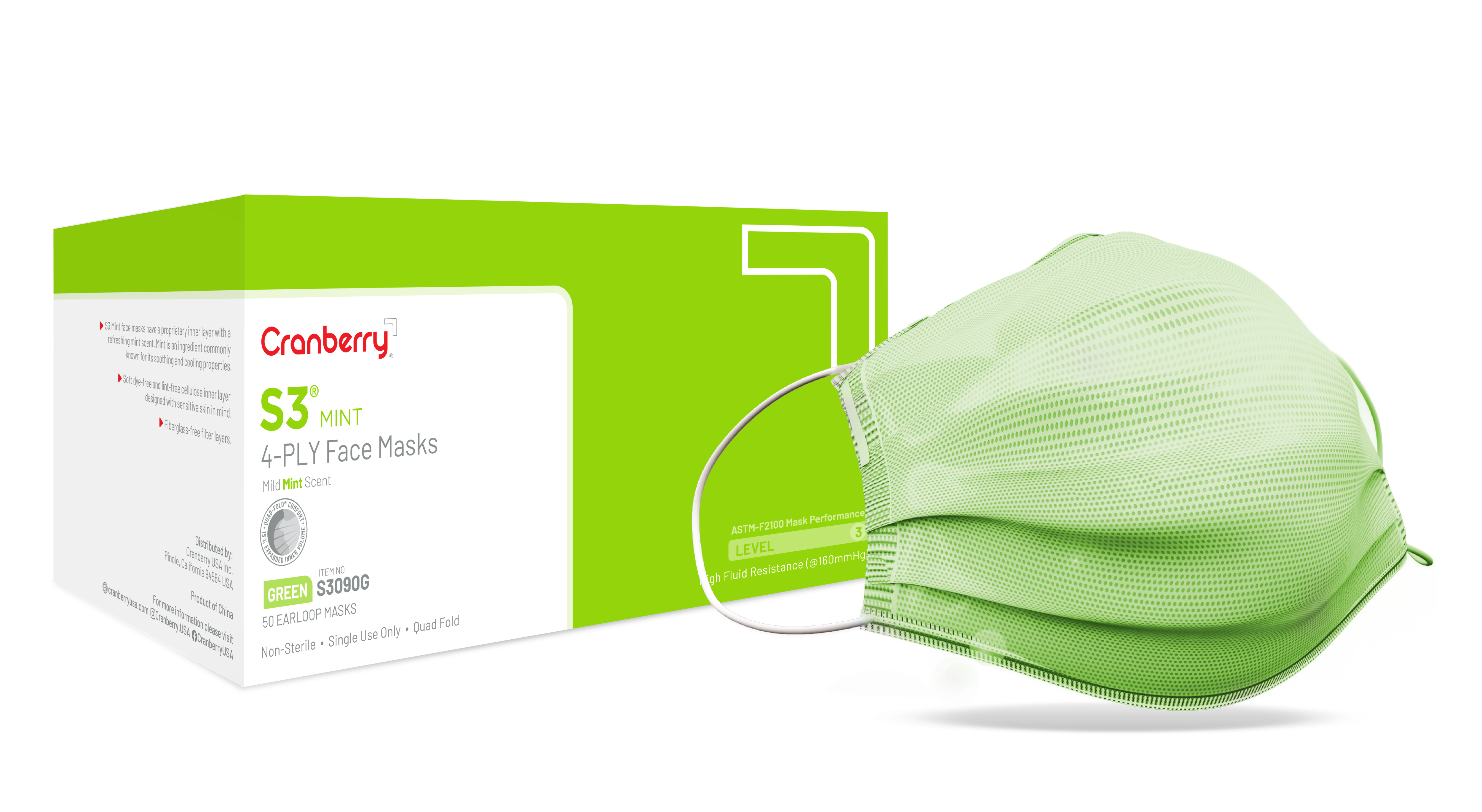 Cranberry S3 Mint Earloop Face Masks, ASTM Level 3, Green, 50/Box, S3090G thumbnail 2