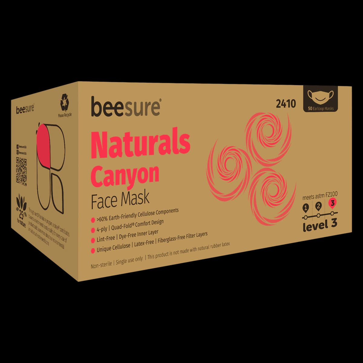 BeeSure Naturals Procedure Face Mask, ASTM Level 3, Canyon Red, Ear Loop, 50/Box, BE2410 - BeeSure Naturals Procedure Face Mask ASTM Level 3 Canyon Red Box of 50 - Image 1