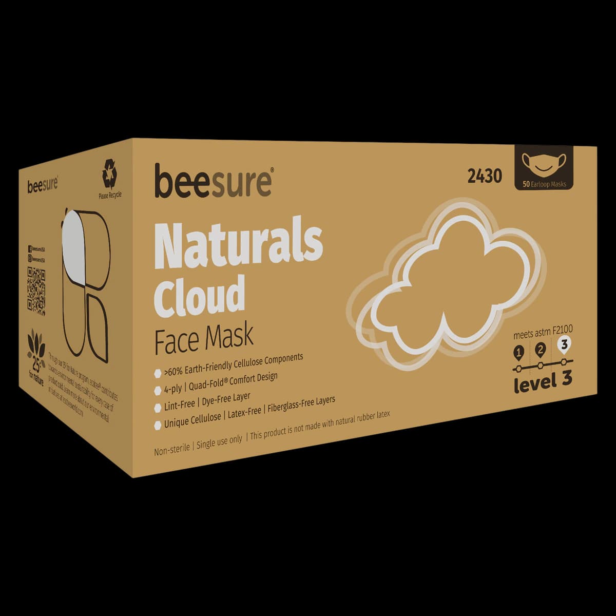 BeeSure Naturals Procedure Face Mask, ASTM Level 3, Cloud White, Ear Loop, 50/Box, BE2430 - BeeSure Naturals Procedure Face Mask ASTM Level 3 Cloud White Box of 50 - Image 1