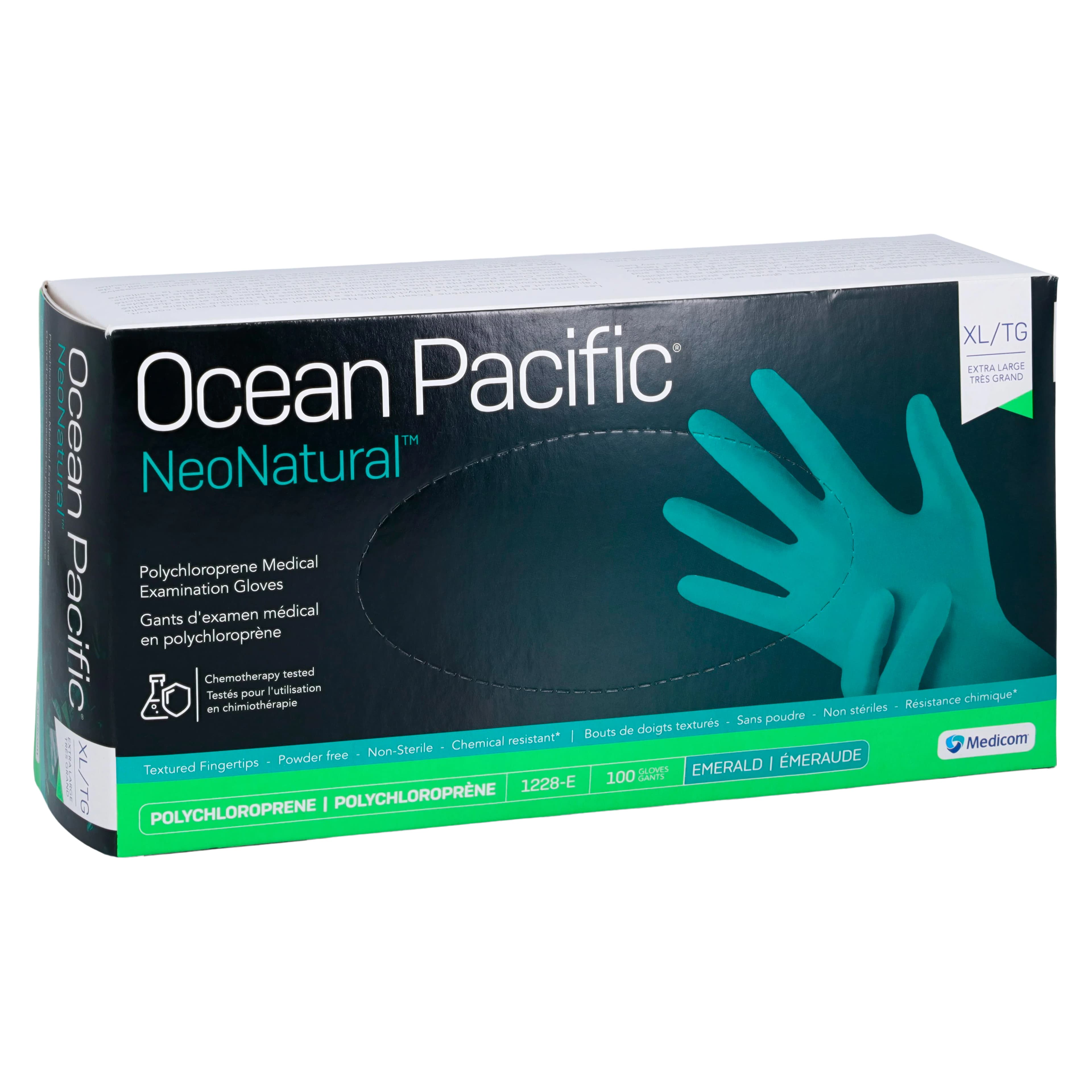 Ocean Pacific® NeoNatural™ Polychloroprene Exam Gloves, Powder Free, Latex Free, Non-Sterile, Extra Large, Emerald Green, Textured Fingertips, 100/Box, 1228-E thumbnail 3