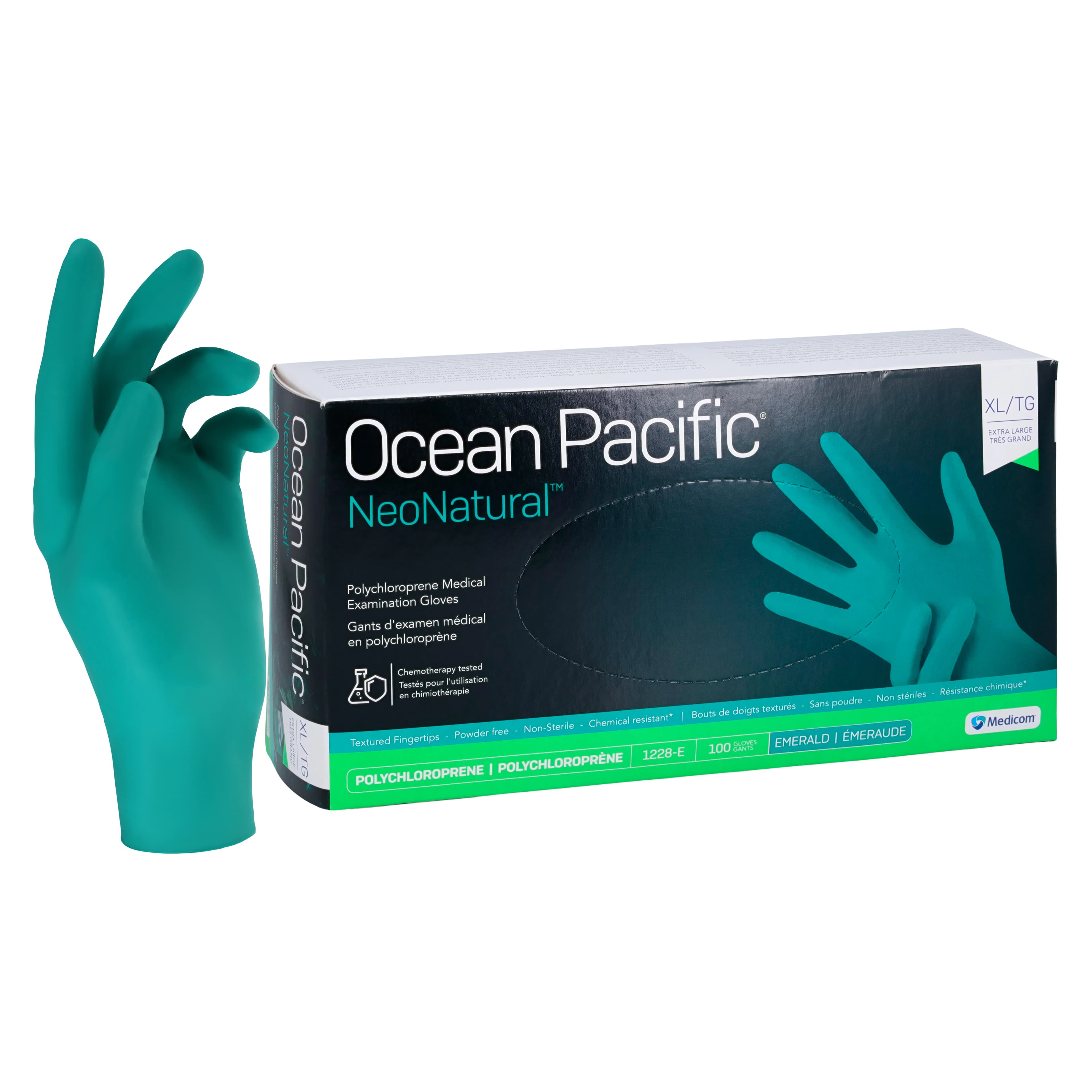 Ocean Pacific® NeoNatural™ Polychloroprene Exam Gloves, Powder Free, Latex Free, Non-Sterile, Extra Large, Emerald Green, Textured Fingertips, 100/Box, 1228-E - Ocean Pacific® NeoNatural™ Polychloroprene Exam Gloves XL Emerald Box of 100 - Image 1