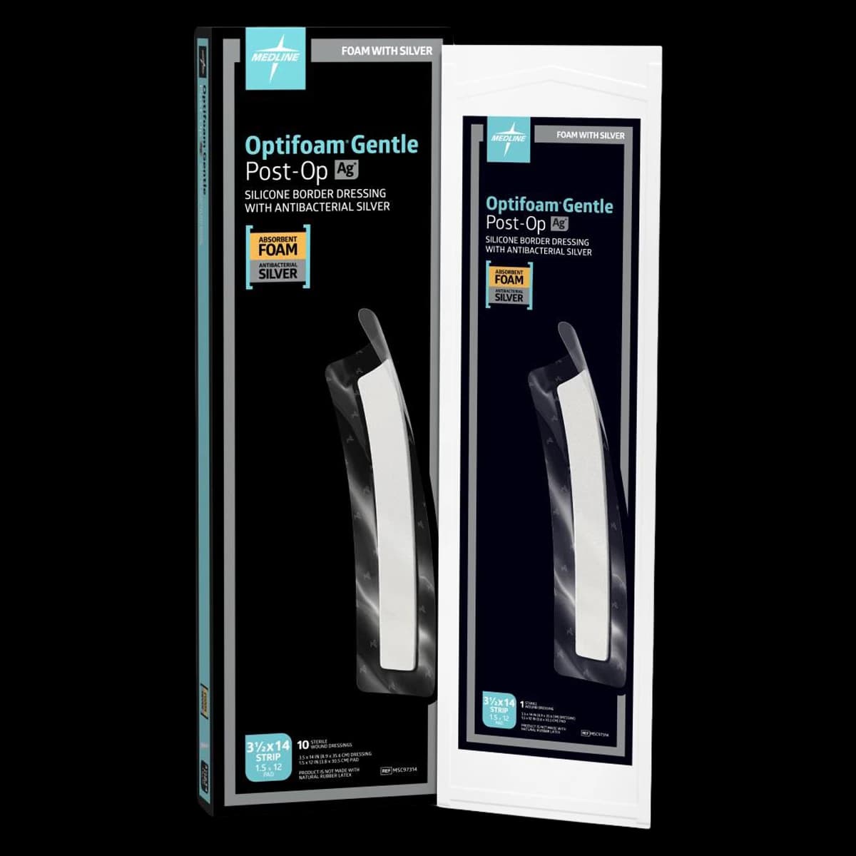 Medline Optifoam Gentle AG+ Silver/Foam Post-Op Dressing, 3.5" x 14" Strip, Silicone Adhesive - Dressing Post-Op Strip Opfm Ag - Image 1
