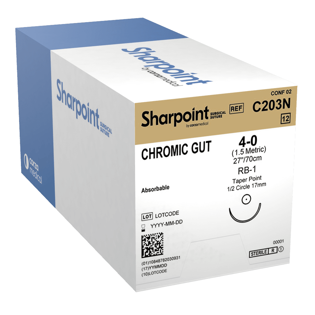 Sharpoint Chromic Gut Suture, 4-0, 27 in, RB-1 Taper Point 1/2 Circle 17mm Needle, Absorbable, Natural, 12/Box thumbnail 2