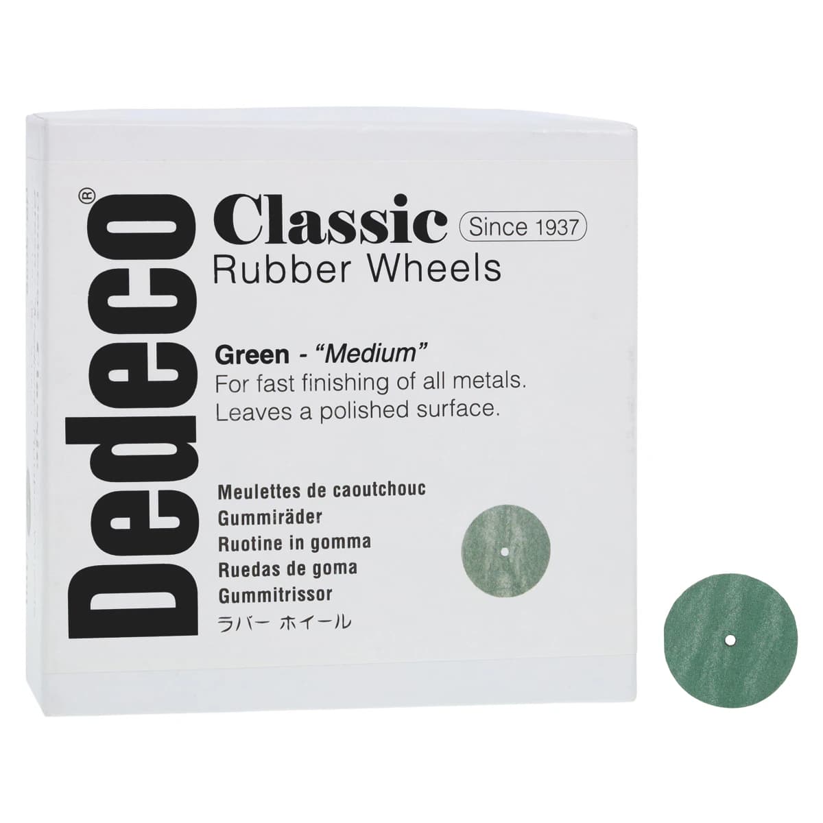 Dedeco Classic Green Medium Rubber Polishing Wheel, 7/8" x 1/8", Square Edge, Aluminum Oxide, 100/Box, 5006 thumbnail 2