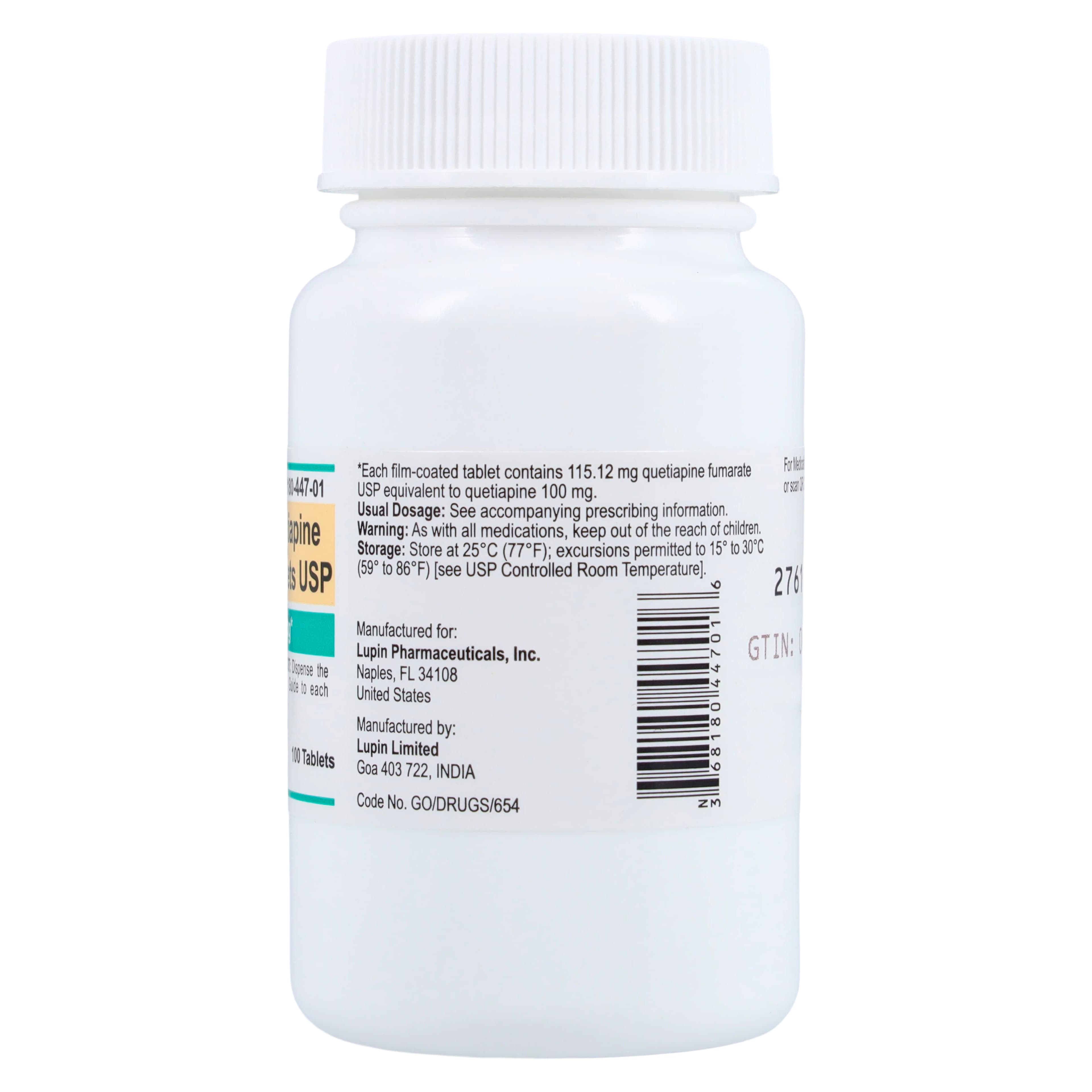 Quetiapine Fumarate Tablets 100mg, 100 Count Bottle (Lupin Pharmaceuticals) thumbnail 2