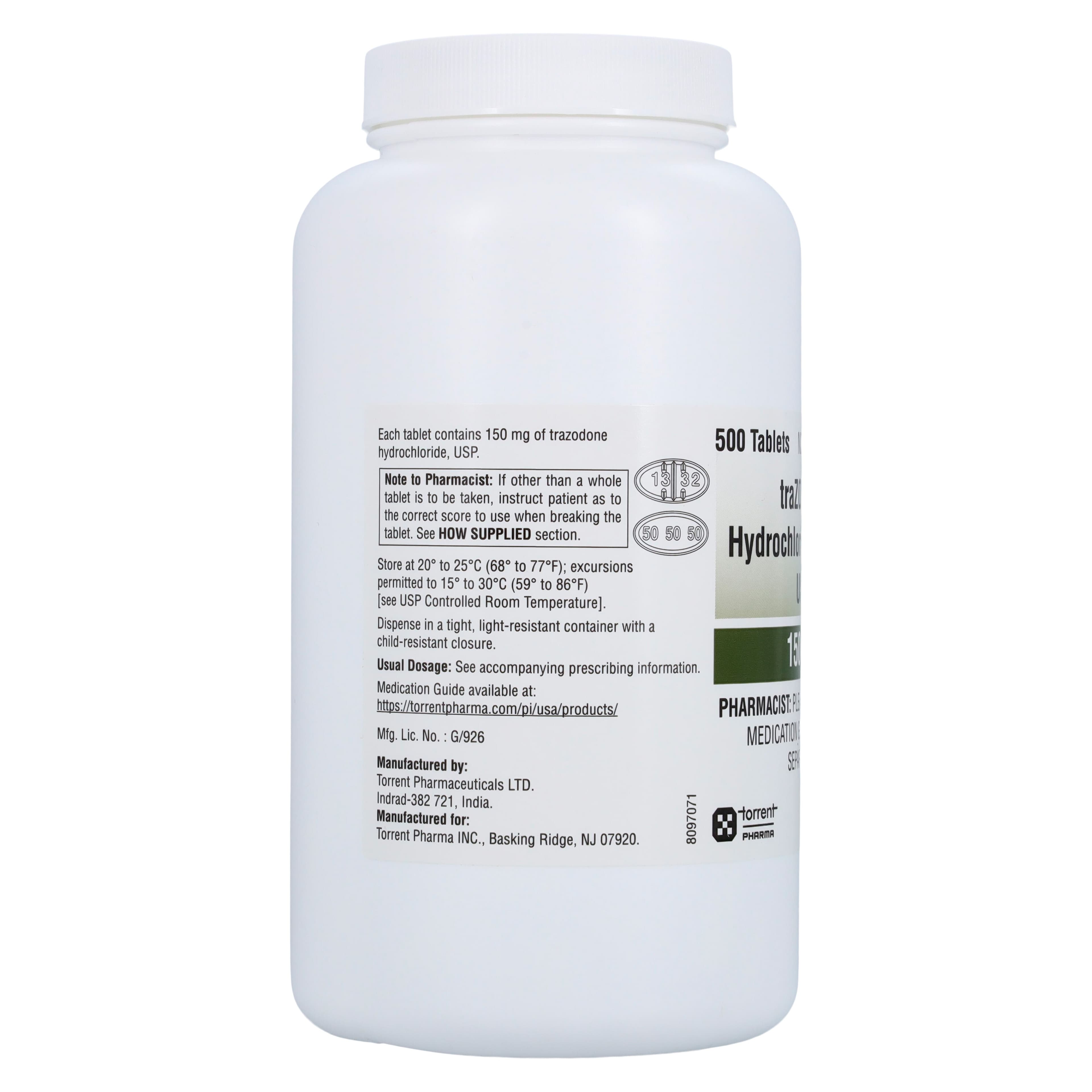 Trazodone HCl Tablets 150mg, 500 Count Bottle (Torrent Pharmaceuticals) thumbnail 2