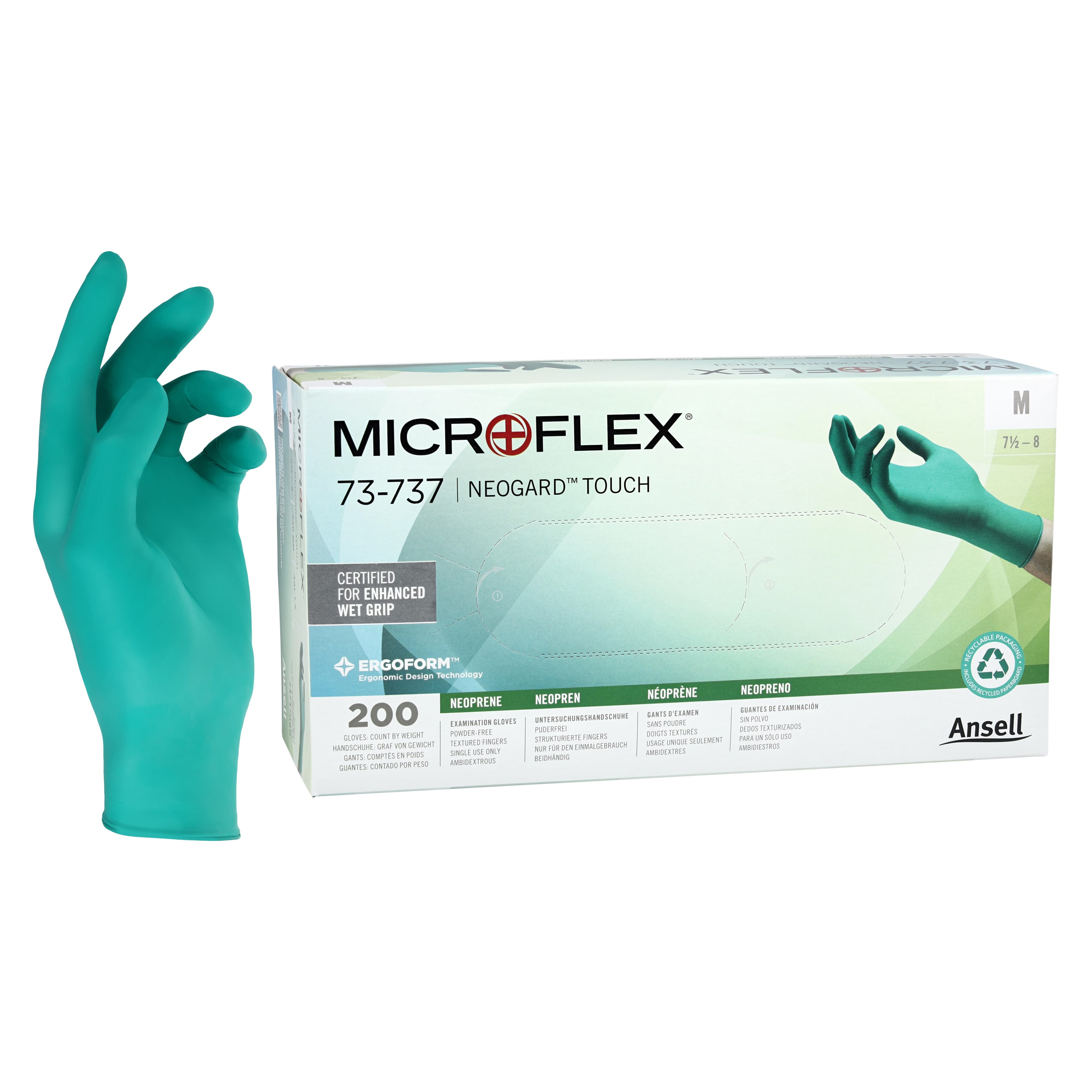 Microflex Neogard Touch 73-737 Neoprene Exam Gloves, Powder Free, Latex Free, Textured, Medium, Green, 200/Box, 73737080 - Neogard TOUCH Neoprene Gloves 200/Pk Medium - Image 1