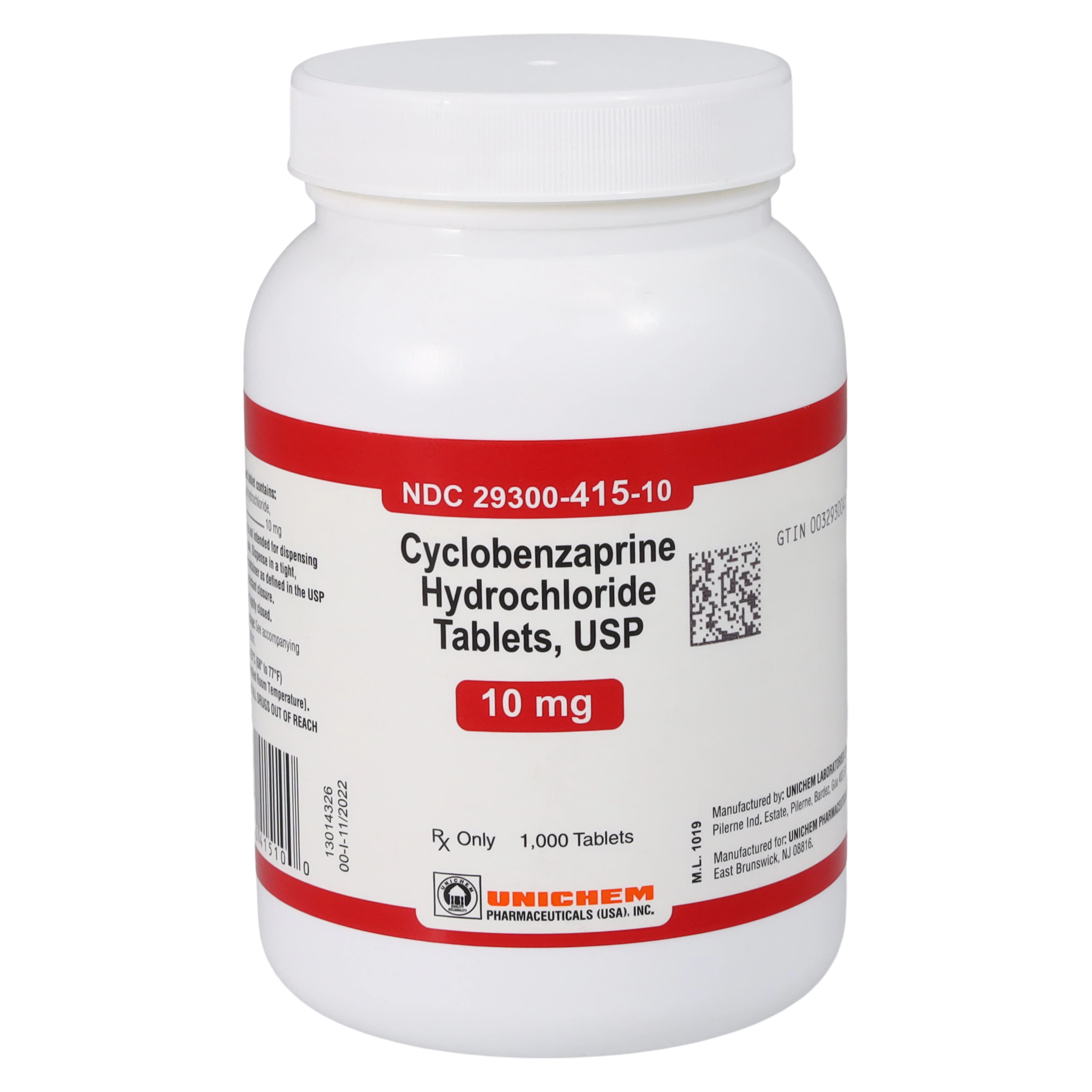 Cyclobenzaprine HCl Tablets 10mg, 1000/Bottle, Unichem Pharmaceuticals - Cyclobenzaprine HCl Tablets - Image 1