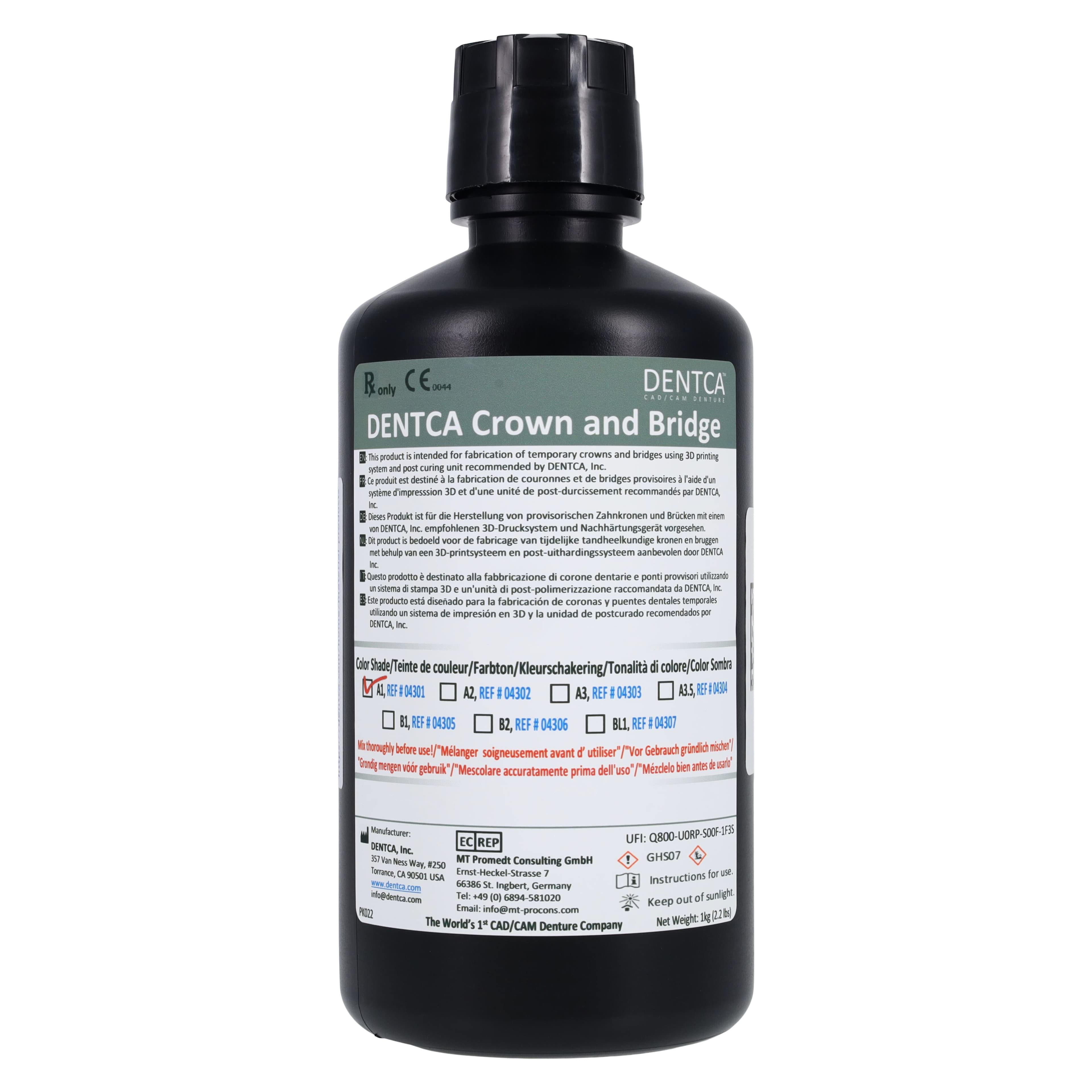 Dentca Crown & Bridge 3D Print Resin, A1 Shade, 1 kg thumbnail 3