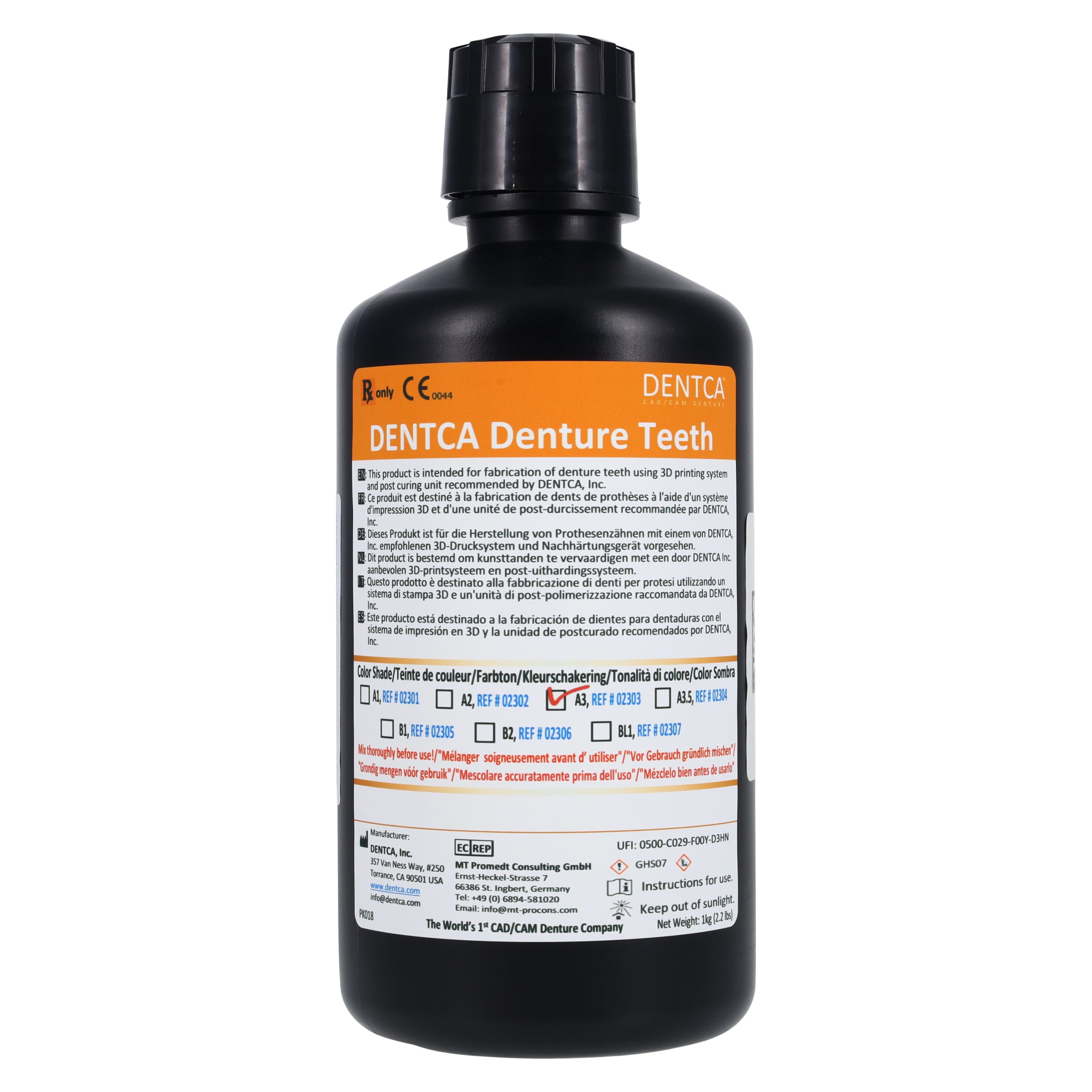 Dentca Denture Teeth 3D Print Resin, A3 Shade, 1 kg Bottle thumbnail 3