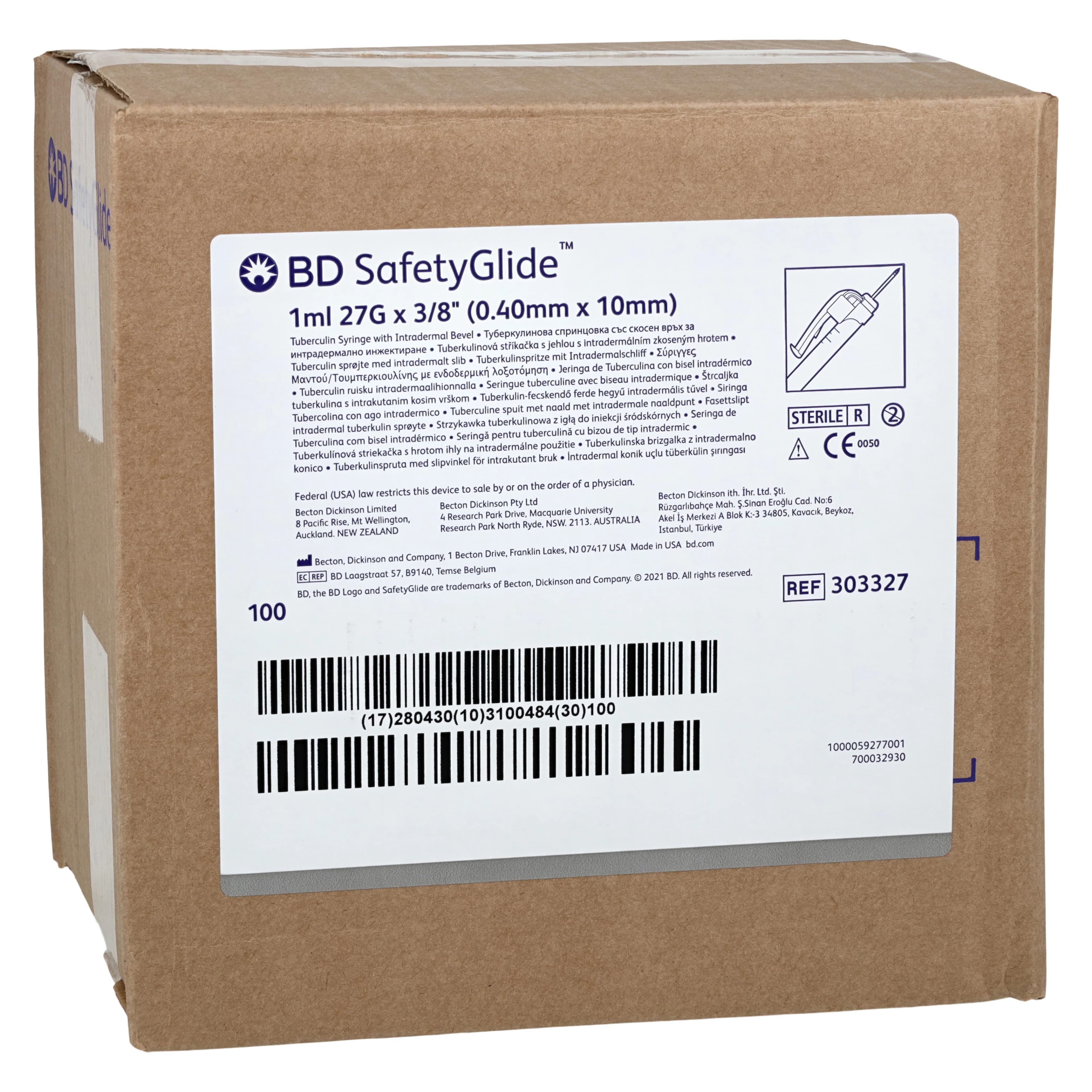 SafetyGlide TB Syringe-Needle, 1cc, 27G x 3/8", Intradermal Bevel, Permanently Attached Needle, Safety, 100/Box - SafetyGlide TB Syr-Needle 1cc - Image 1