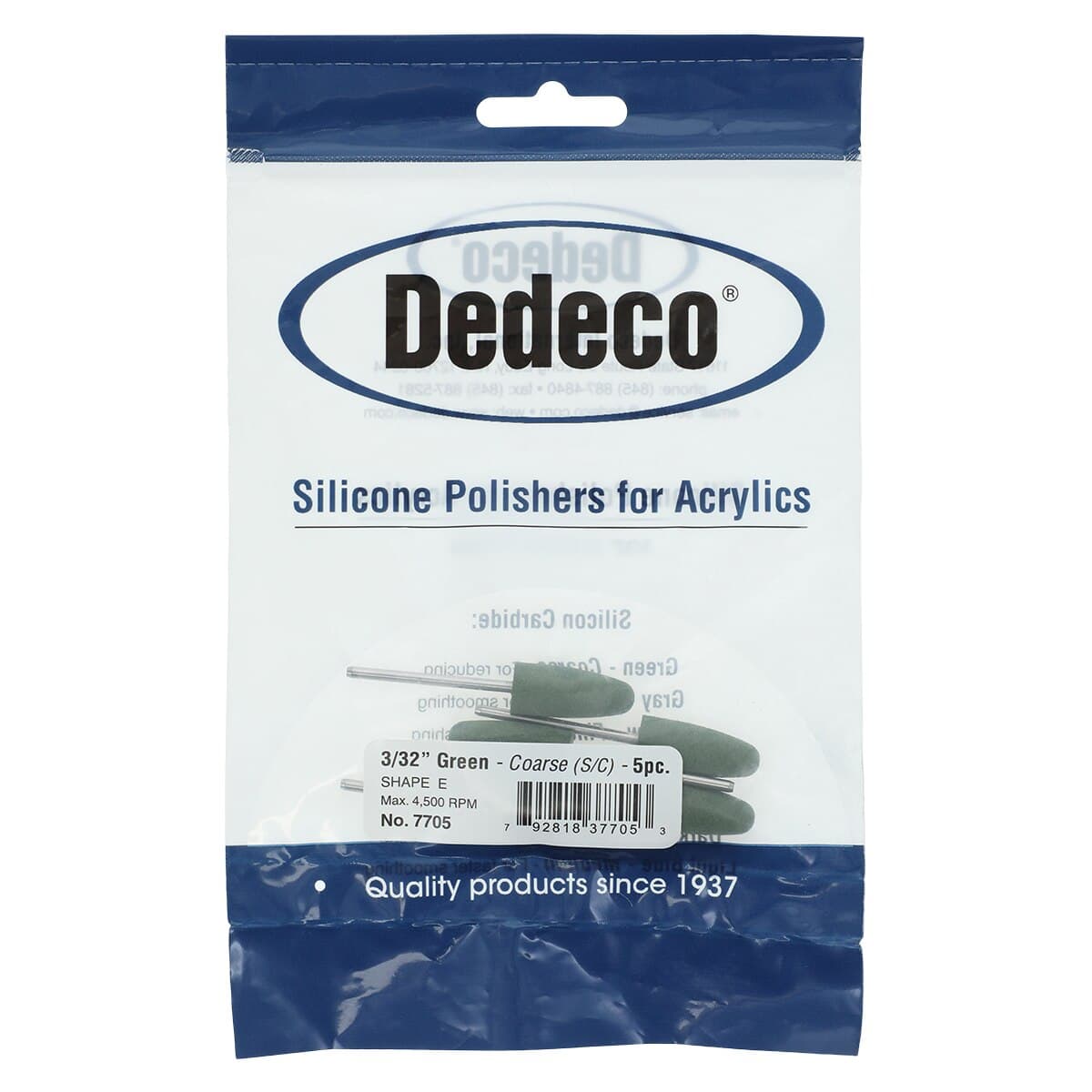 Dedeco Silicone Jumbos Acrylic Polisher, Shape E, Green, Coarse, HP 3/32" Shank, 5/Bx, 7705 - Silicone Jumbos Acrylic Shape E Green-Coarse 5/Bx - Image 1