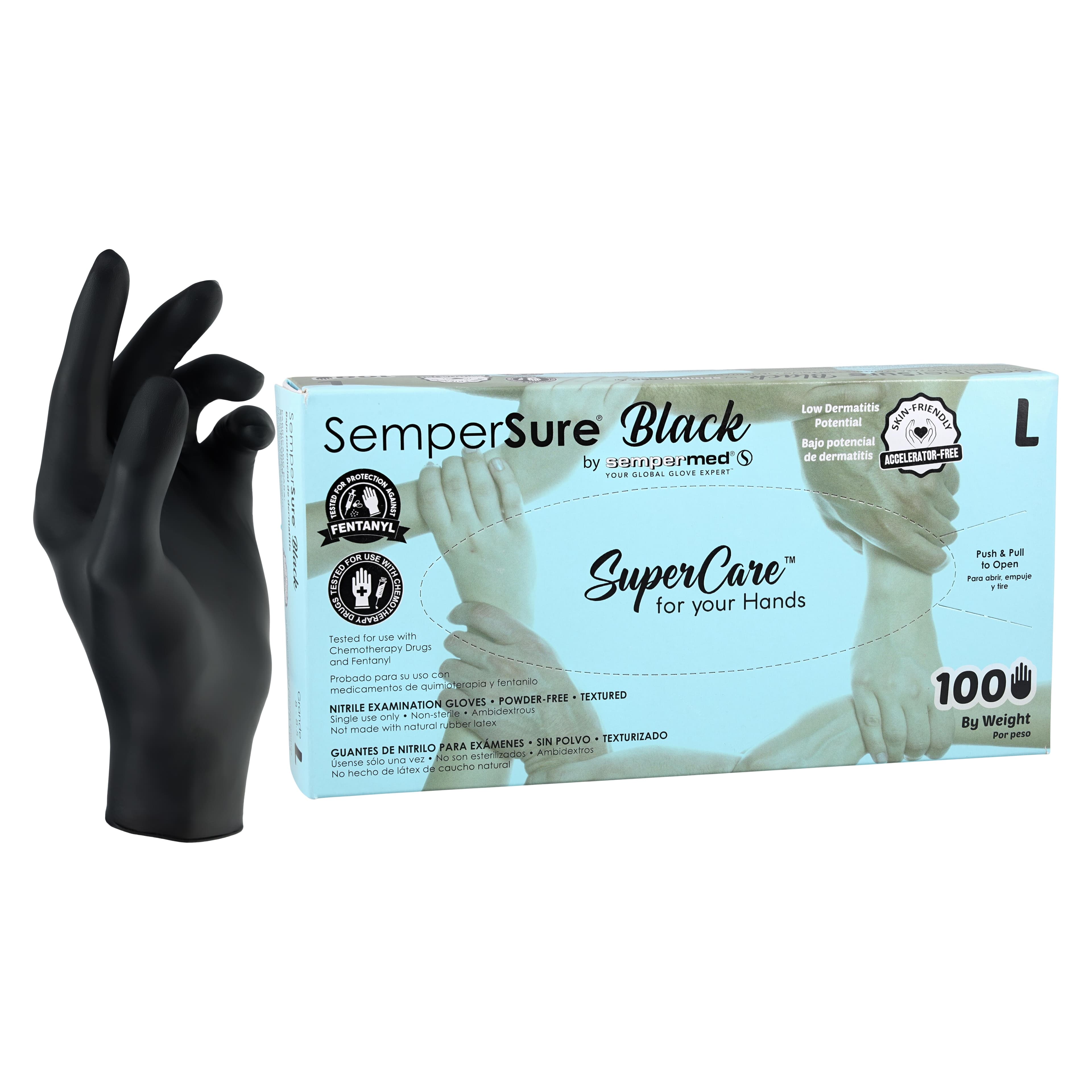 SemperSure Nitrile Exam Gloves, Powder Free, Textured, Non-Sterile, Large, Black, 100/Box - SemperSure Black Ntrl Glv - Image 1