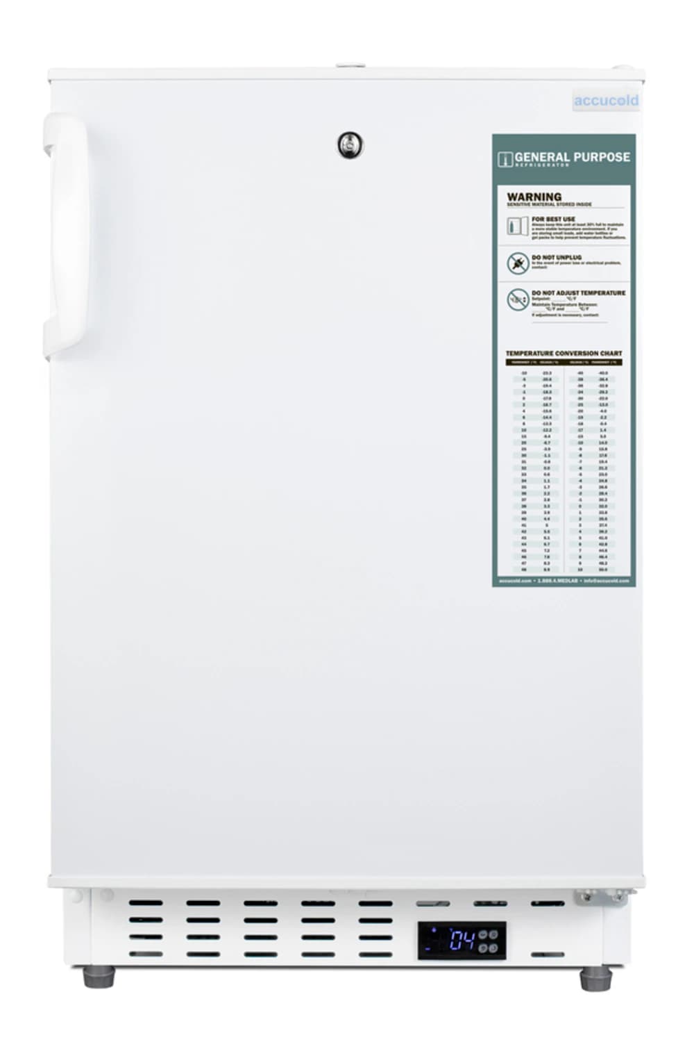 Accucold General Purpose/Lab Refrigerator, 3.3 Cu Ft, +2 to 8°C, Right Hinge/Reversible, Auto Defrost, 01KT0J09WK7TGJNCD6FG1B5BKF - Fridge General Purp Built-In - Image 1